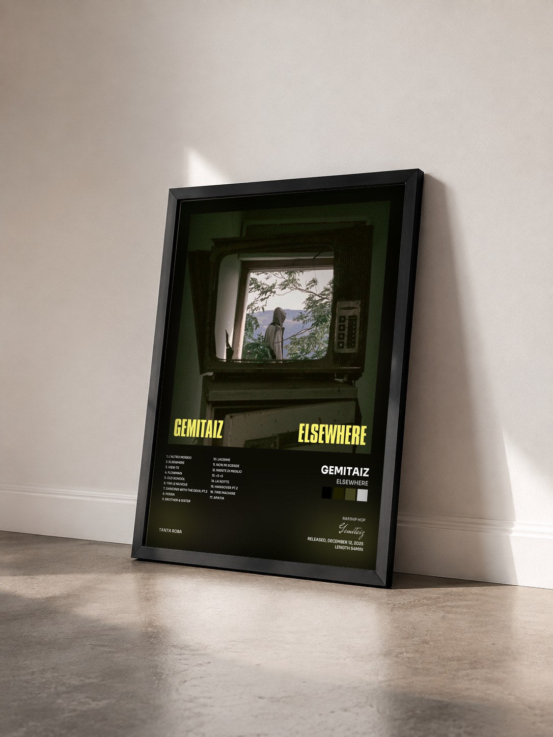 #noir Tableau de l'album ELSEWHERE de Gemitaiz vu de trois quarts, cadre noir