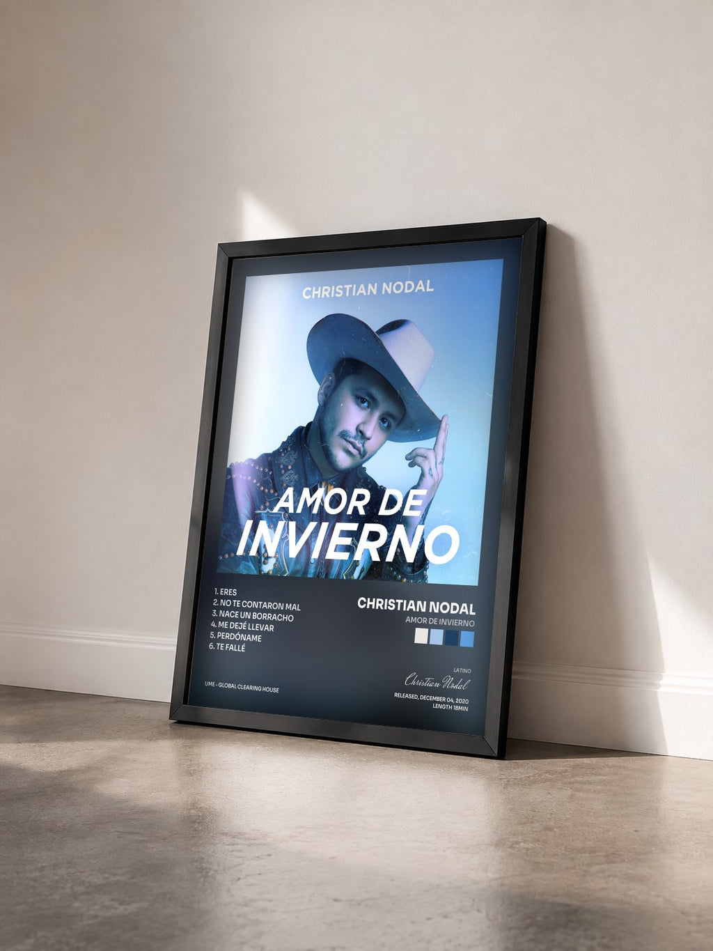#noir Tableau de l'album Amor de Invierno de Christian Nodal vu de trois quarts, cadre noir
