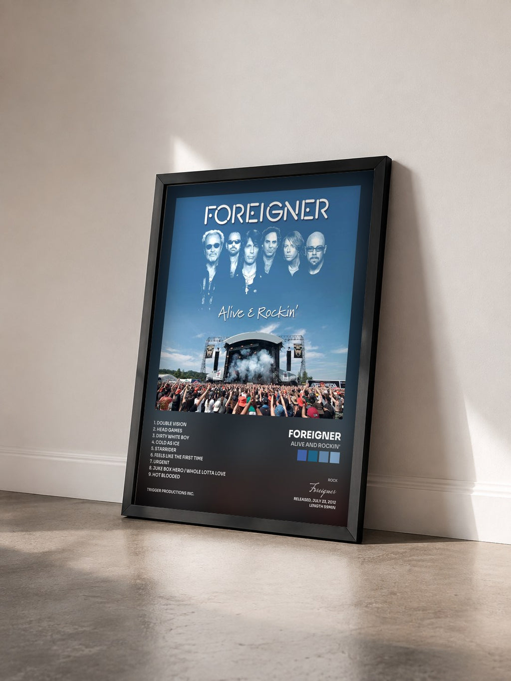 #noir Tableau de l'album Alive And Rockin' de Foreigner vu de trois quarts, cadre noir