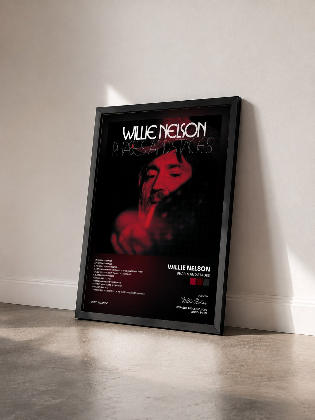 #noir Tableau de l'album Phases And Stages de Willie Nelson vu de trois quarts, cadre noir