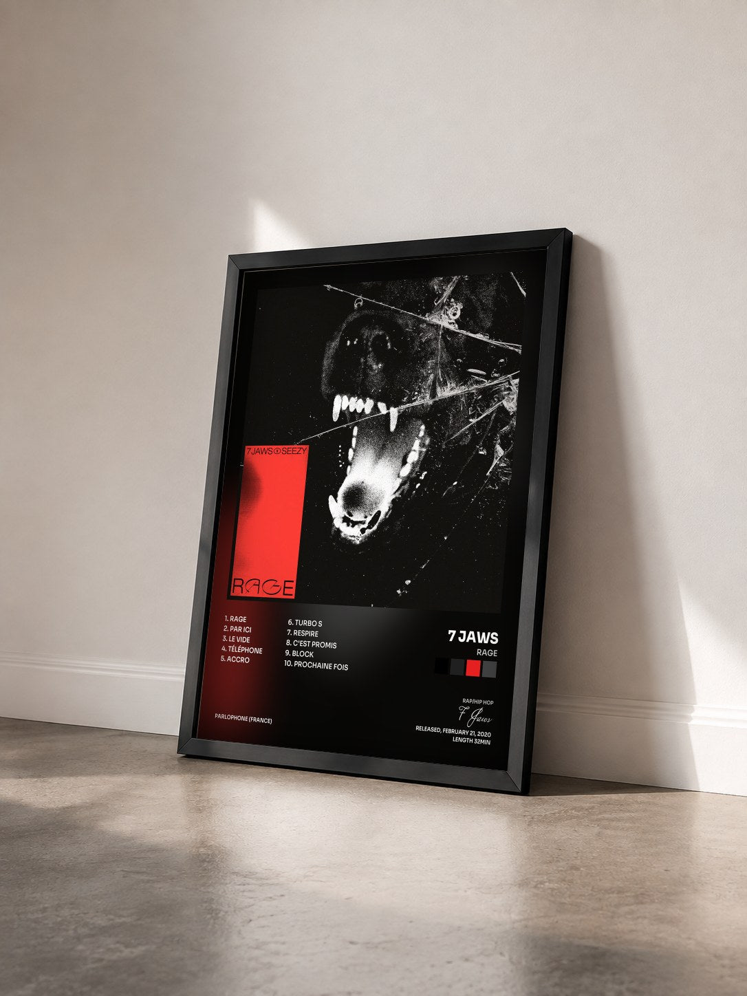 #noir Tableau de l'album RAGE de 7 Jaws vu de trois quarts, cadre noir