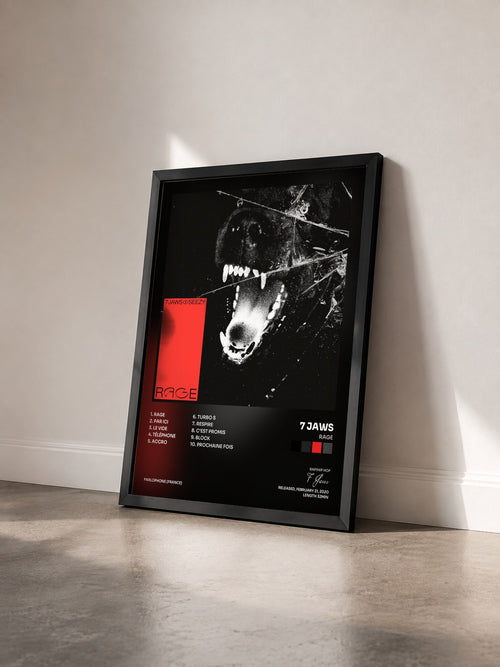 #noir RAGE by 7 Jaws as a framed art print seen at an angle, black frame