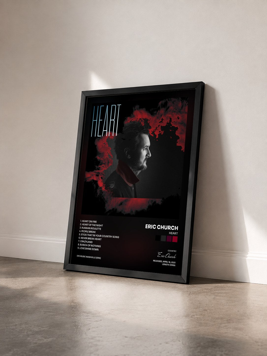 #noir Tableau de l'album Heart de Eric Church vu de trois quarts, cadre noir