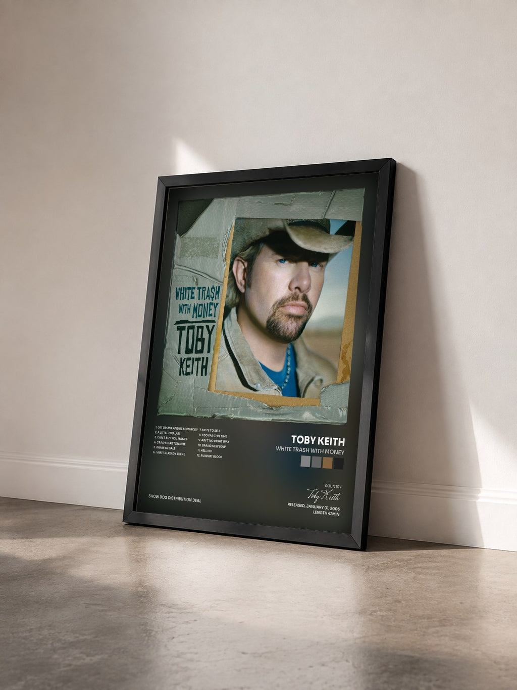 #noir Tableau de l'album White Trash With Money de Toby Keith vu de trois quarts, cadre noir