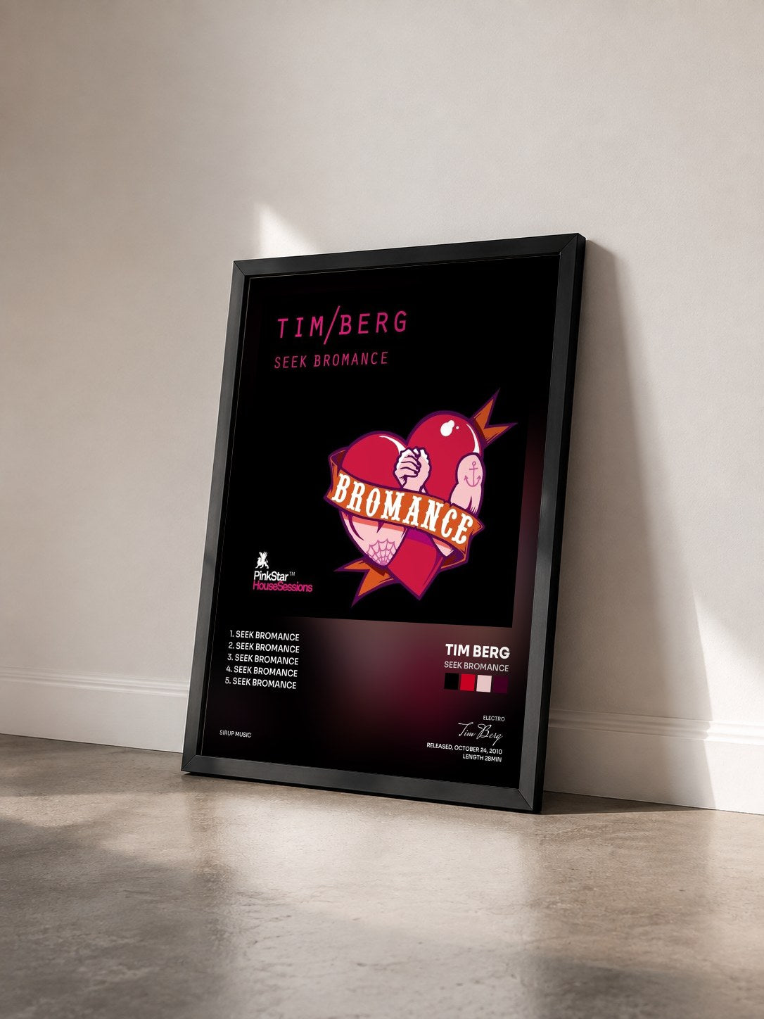 #noir Tableau de l'album Seek Bromance de Tim Berg vu de trois quarts, cadre noir