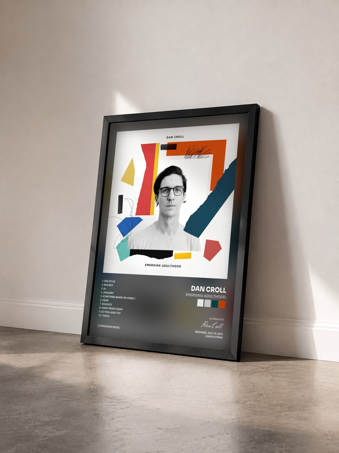 #noir Tableau de l'album Emerging Adulthood de Dan Croll vu de trois quarts, cadre noir