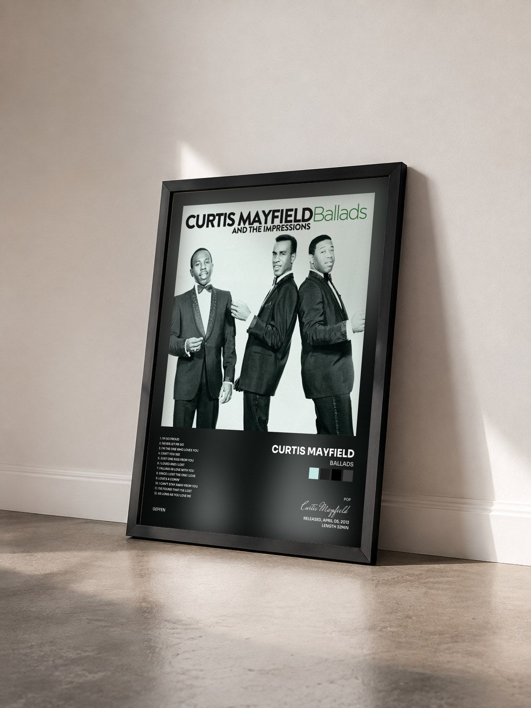 #noir Tableau de l'album Ballads de Curtis Mayfield vu de trois quarts, cadre noir