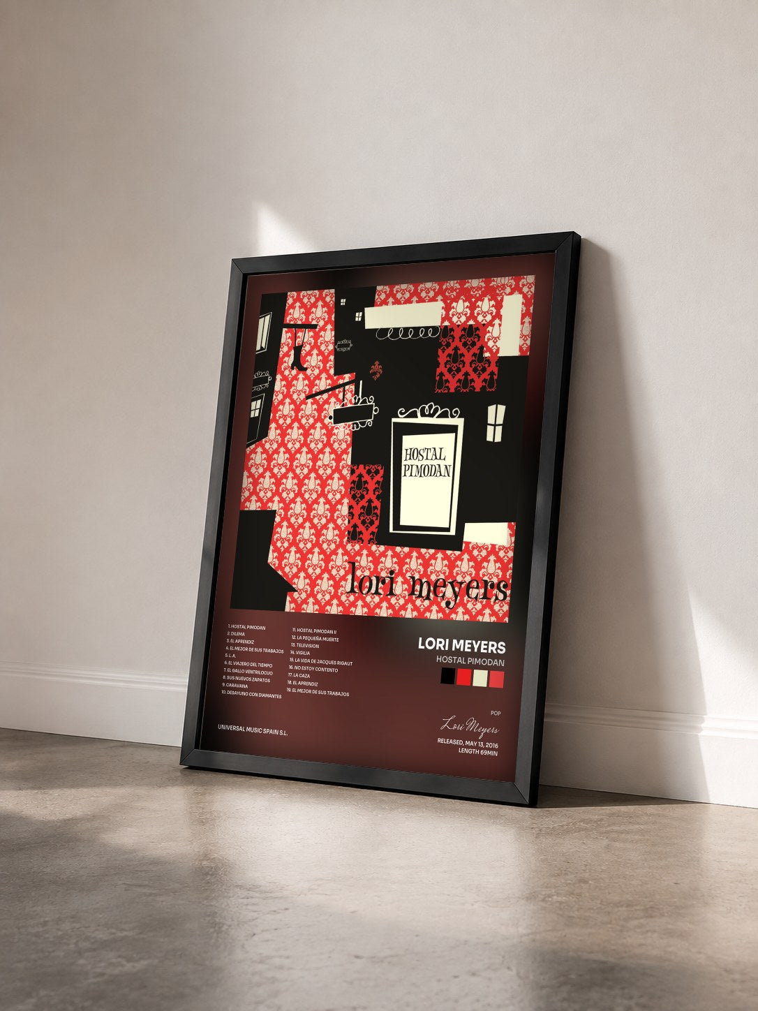 #noir Tableau de l'album Hostal Pimodan de Lori Meyers vu de trois quarts, cadre noir