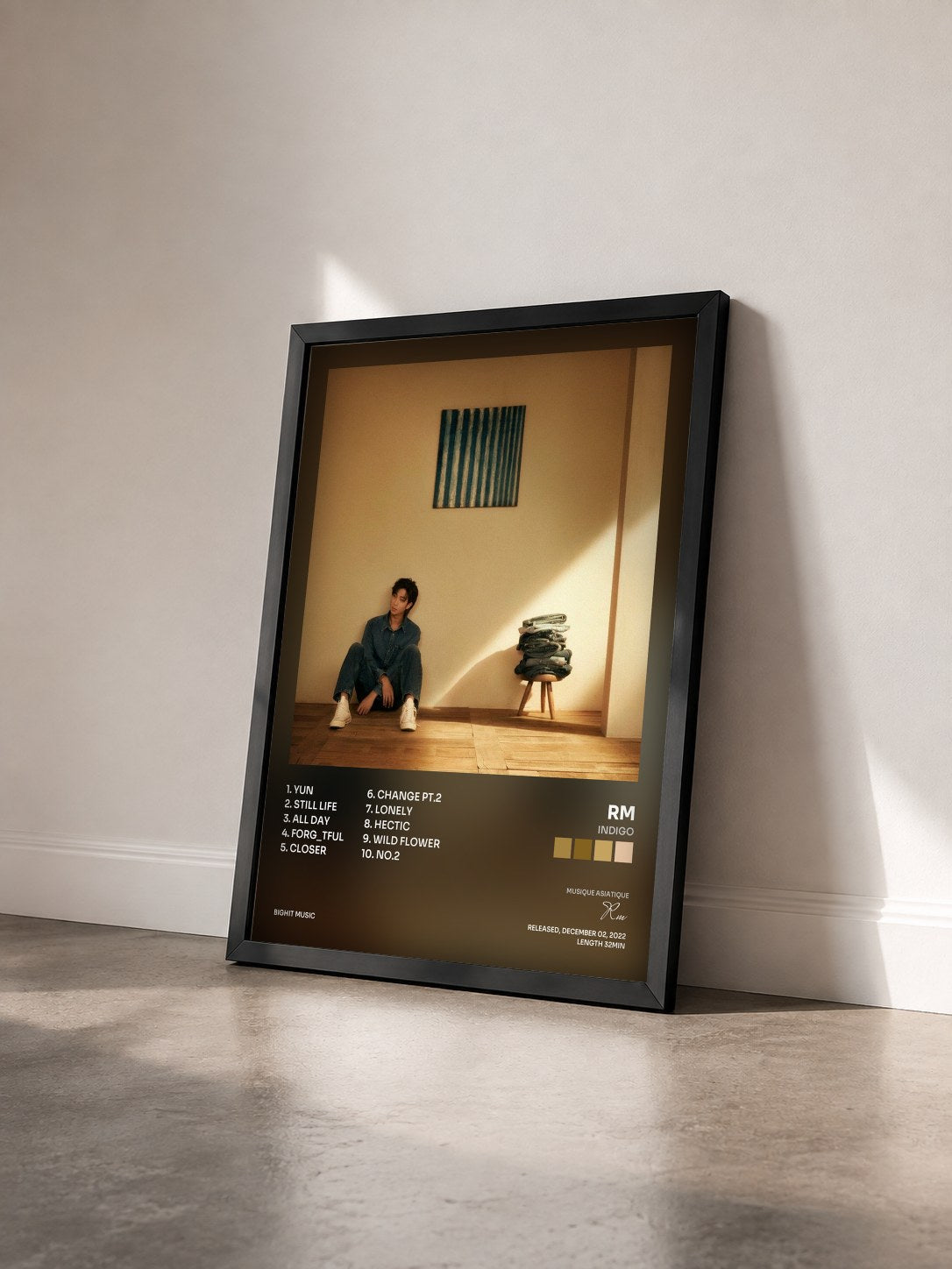 #noir Tableau de l'album Indigo de Rm vu de trois quarts, cadre noir