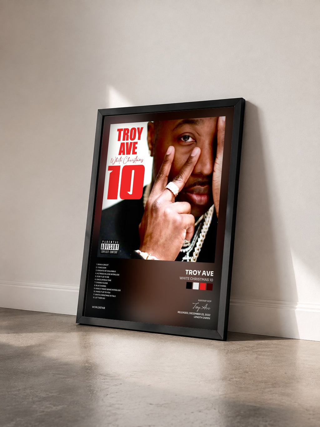 #noir Tableau de l'album White Christmas 10 de Troy Ave vu de trois quarts, cadre noir