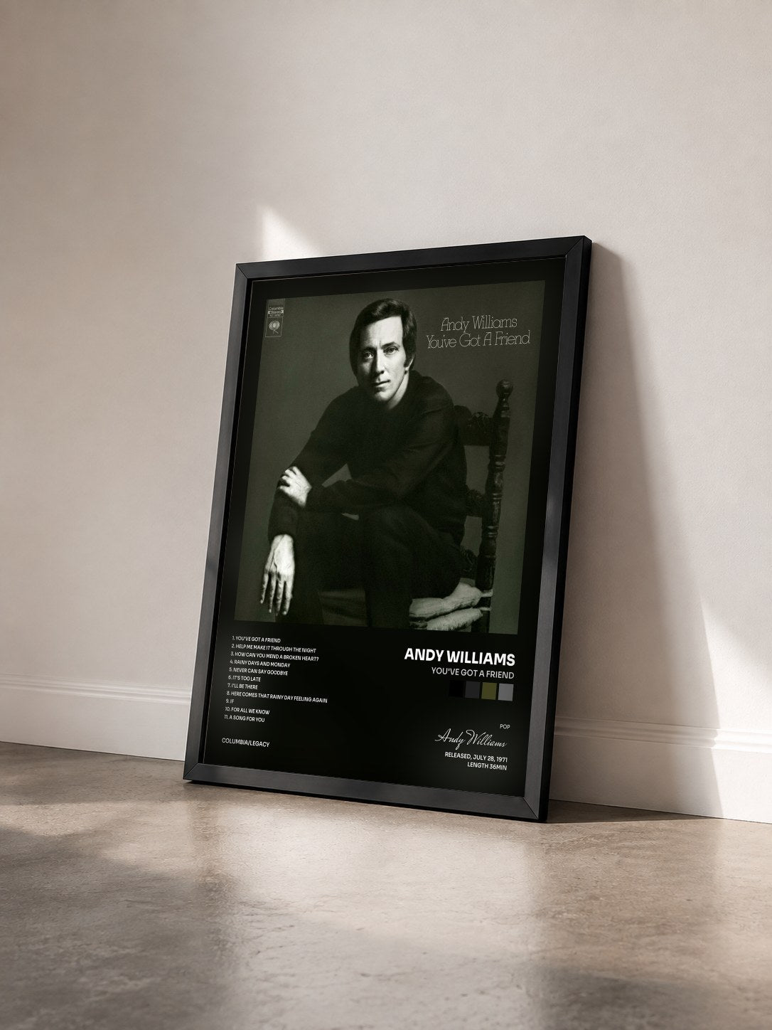 #noir Tableau de l'album You've Got a Friend de Andy Williams vu de trois quarts, cadre noir