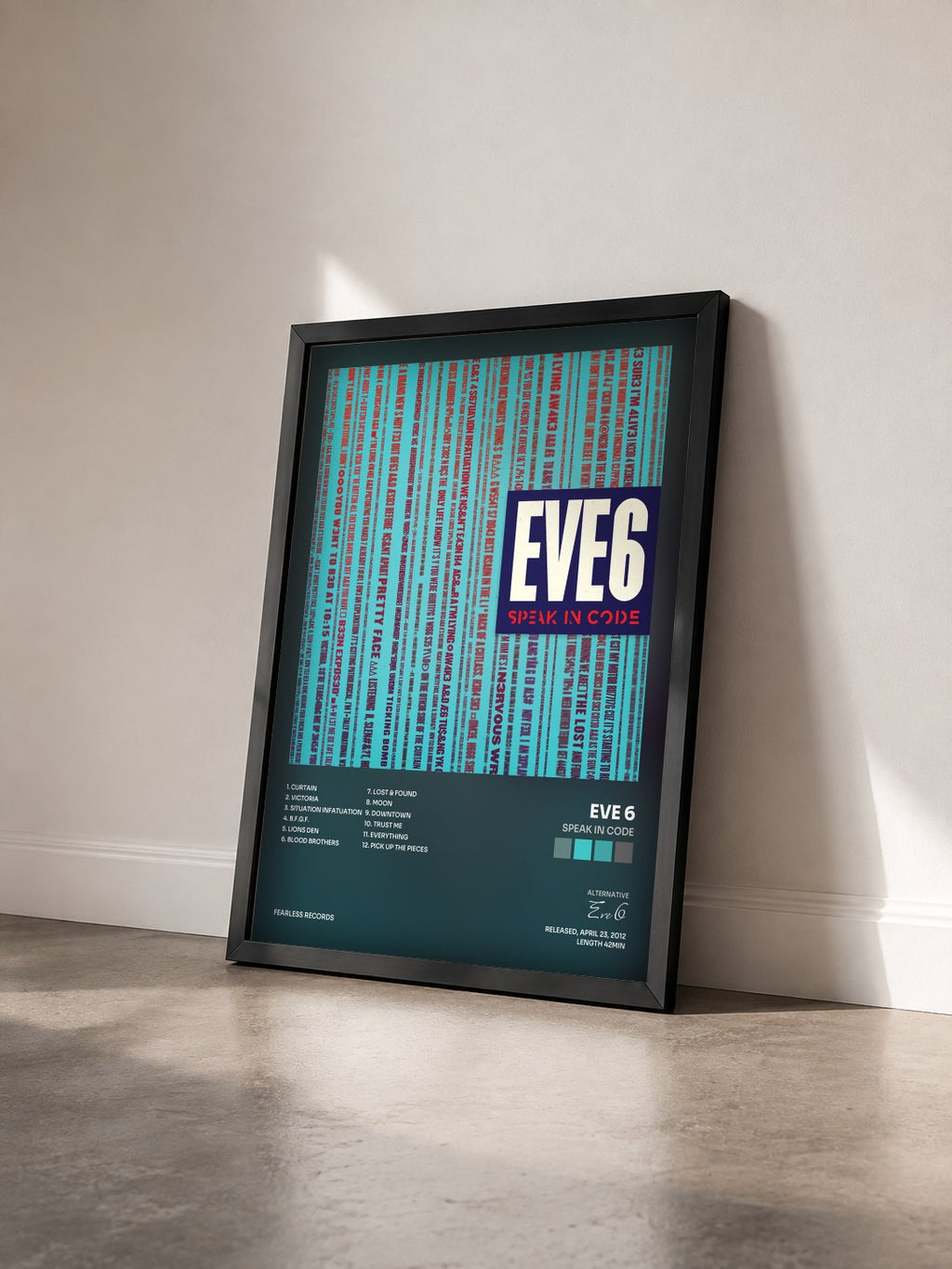 #noir Tableau de l'album Speak In Code de Eve 6 vu de trois quarts, cadre noir