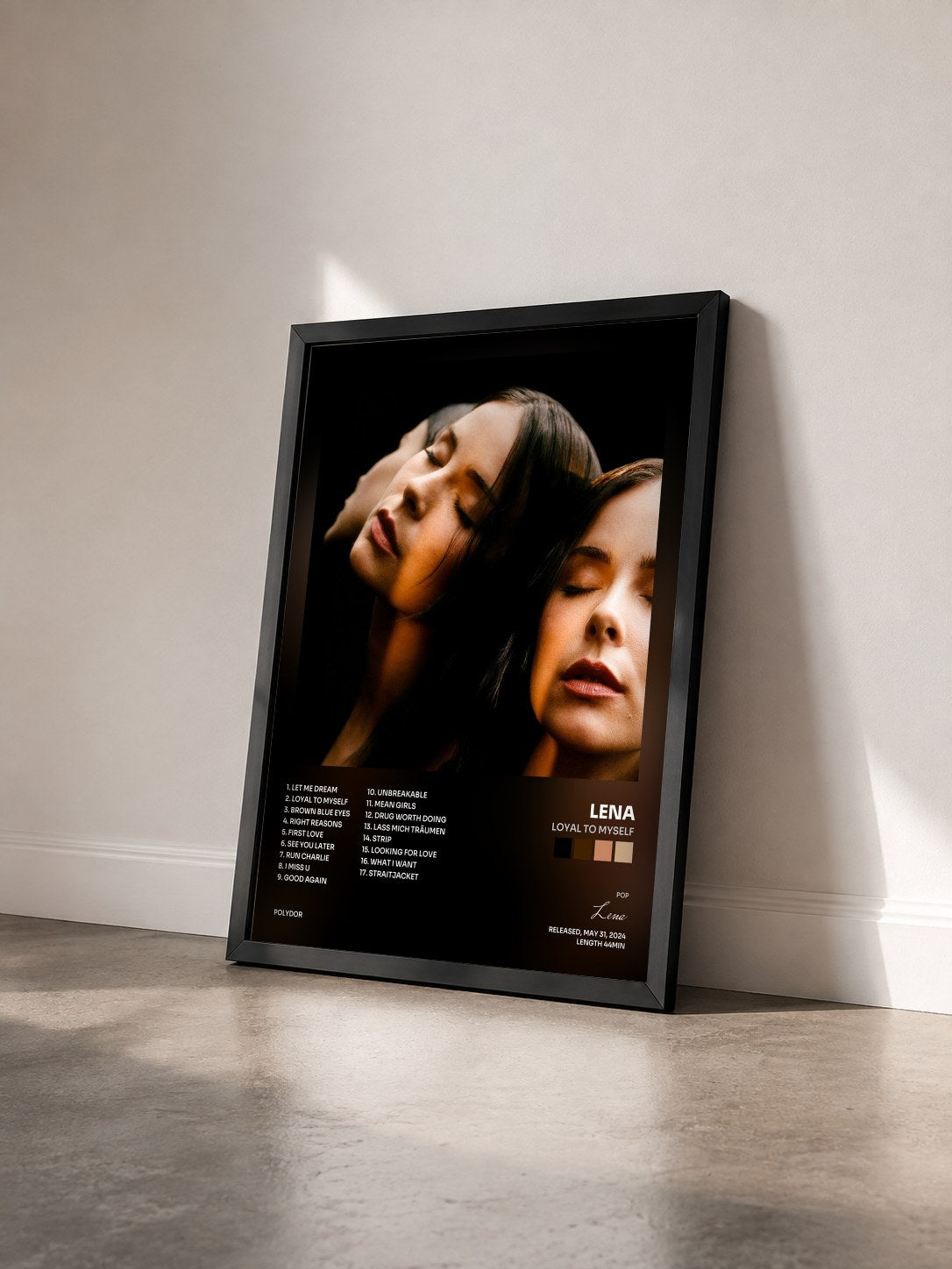 #noir Tableau de l'album Loyal to myself de Lena vu de trois quarts, cadre noir