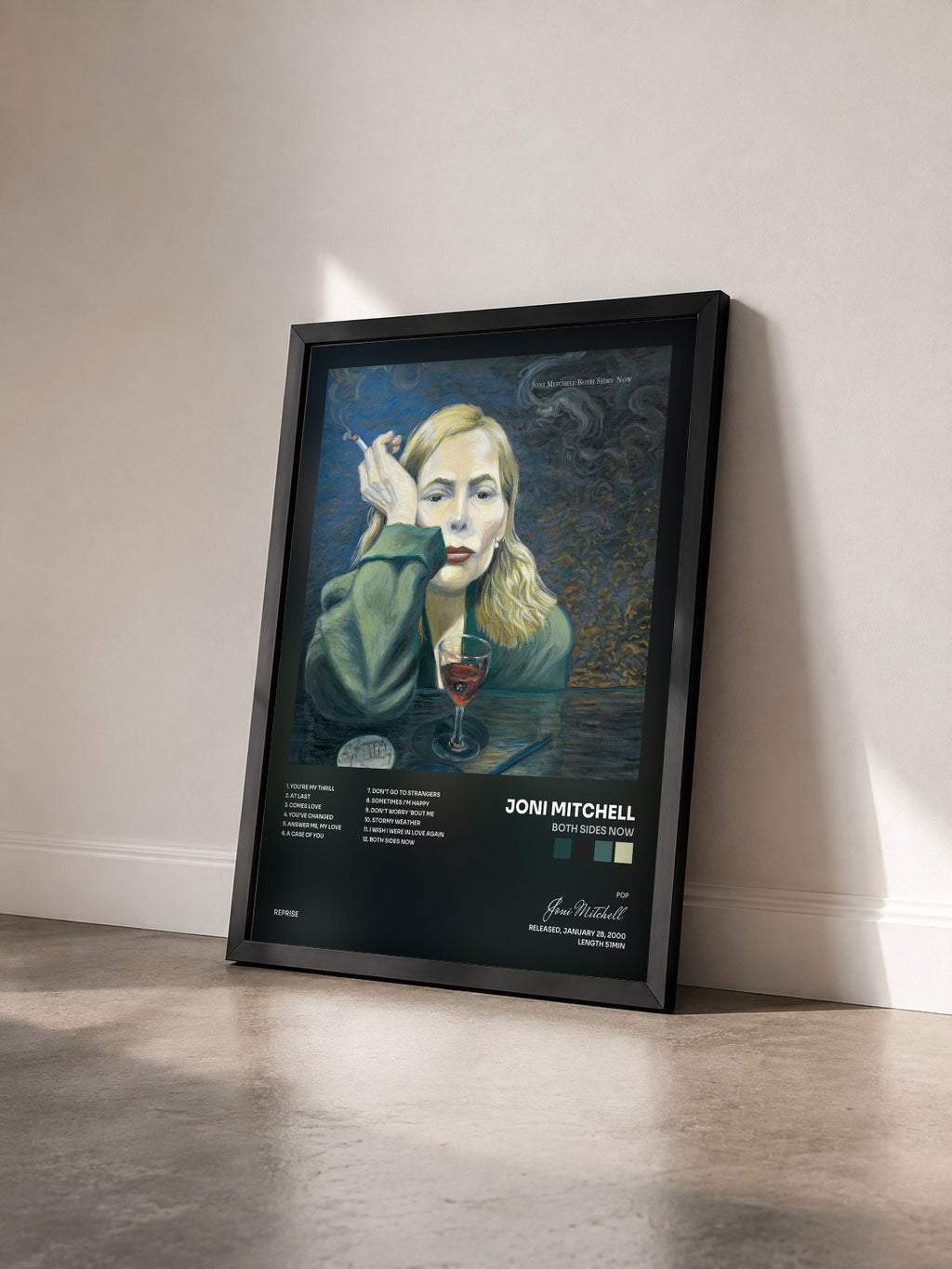 #noir Tableau de l'album Both Sides Now de Joni Mitchell vu de trois quarts, cadre noir