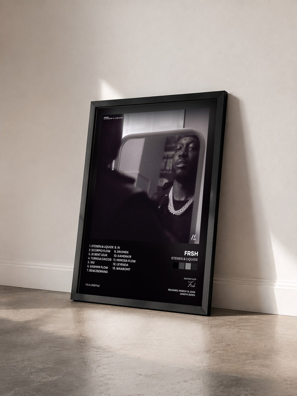 #noir Tableau de l'album Stenen & Liquide de Frsh vu de trois quarts, cadre noir