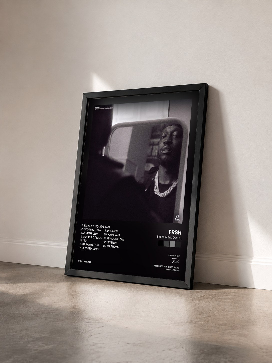#noir Tableau de l'album Stenen & Liquide de Frsh vu de trois quarts, cadre noir