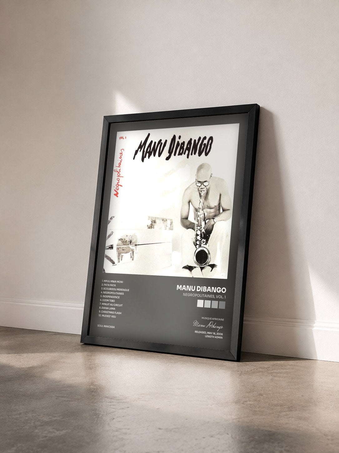 #noir Tableau de l'album Negropolitaines, Vol. 1 de Manu Dibango vu de trois quarts, cadre noir