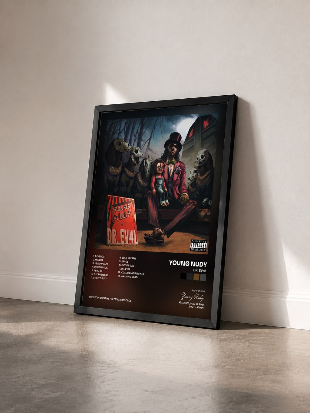 #noir Tableau de l'album DR. EV4L de Young Nudy vu de trois quarts, cadre noir