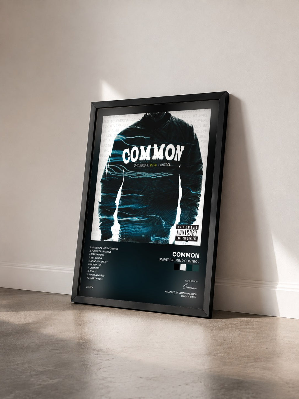 #noir Tableau de l'album Universal Mind Control de Common vu de trois quarts, cadre noir