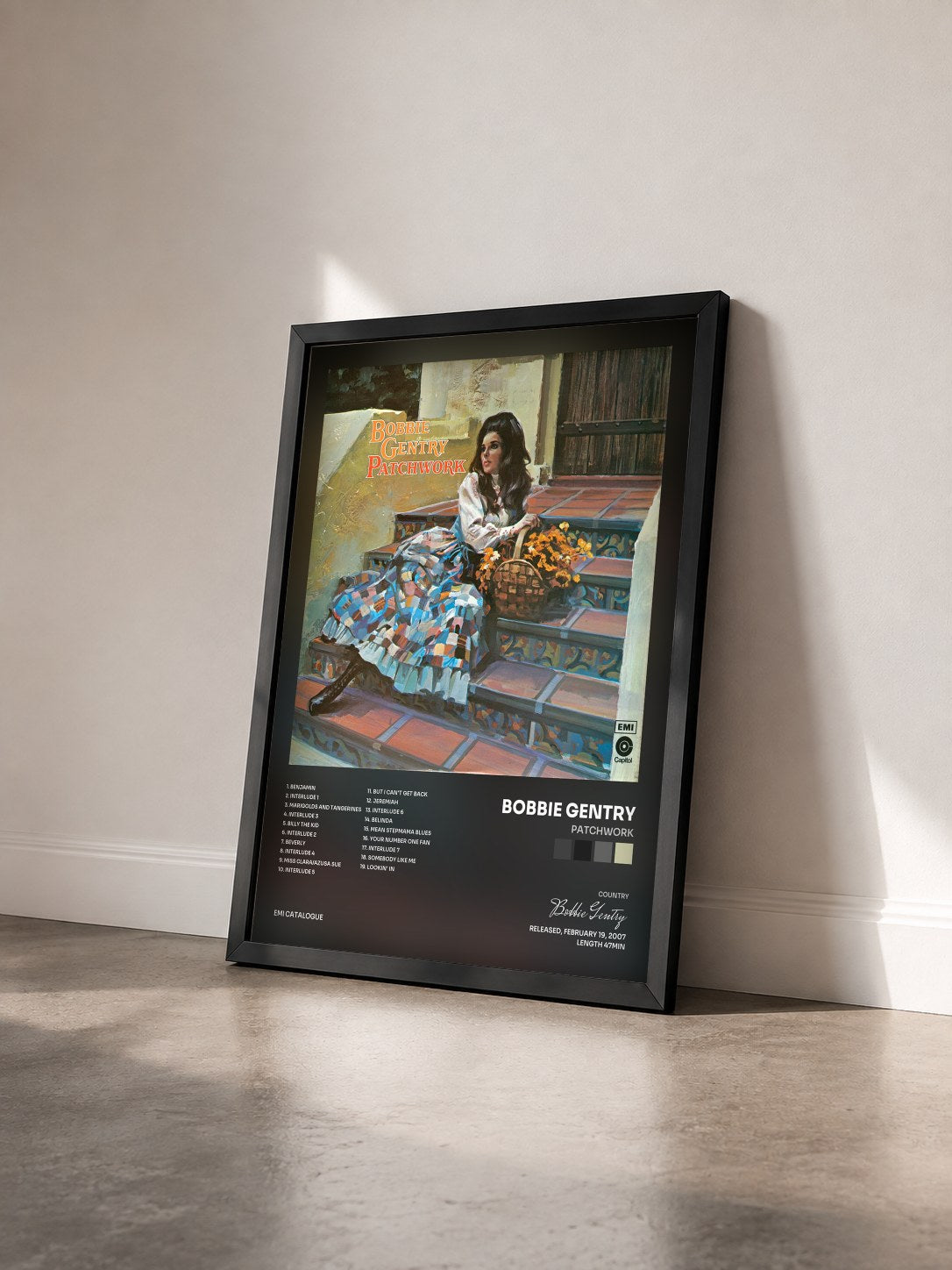 #noir Tableau de l'album Patchwork de Bobbie Gentry vu de trois quarts, cadre noir