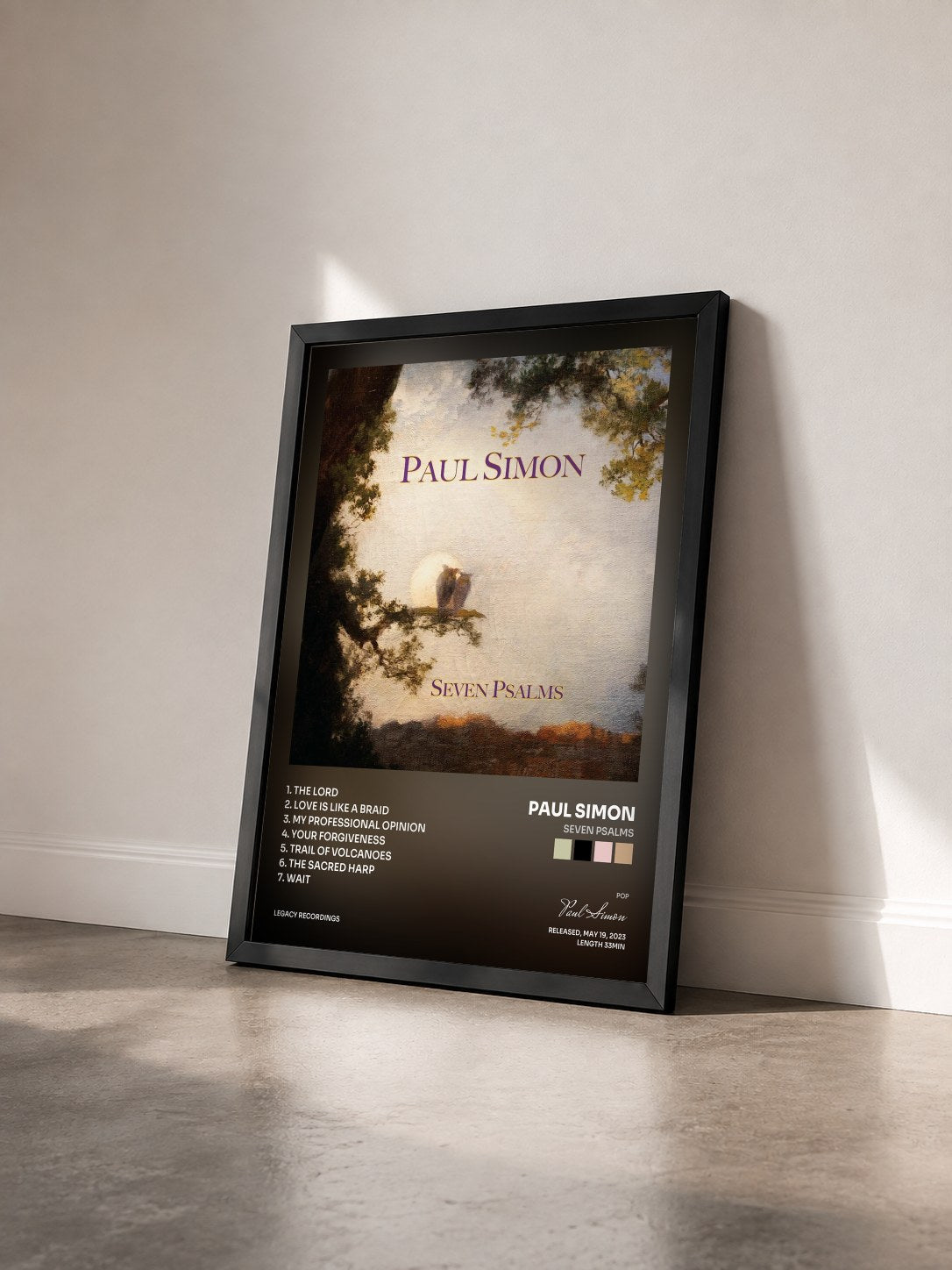 #noir Tableau de l'album Seven Psalms de Paul Simon vu de trois quarts, cadre noir