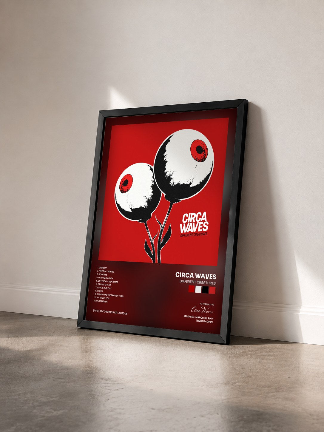 #noir Tableau de l'album Different Creatures de Circa Waves vu de trois quarts, cadre noir