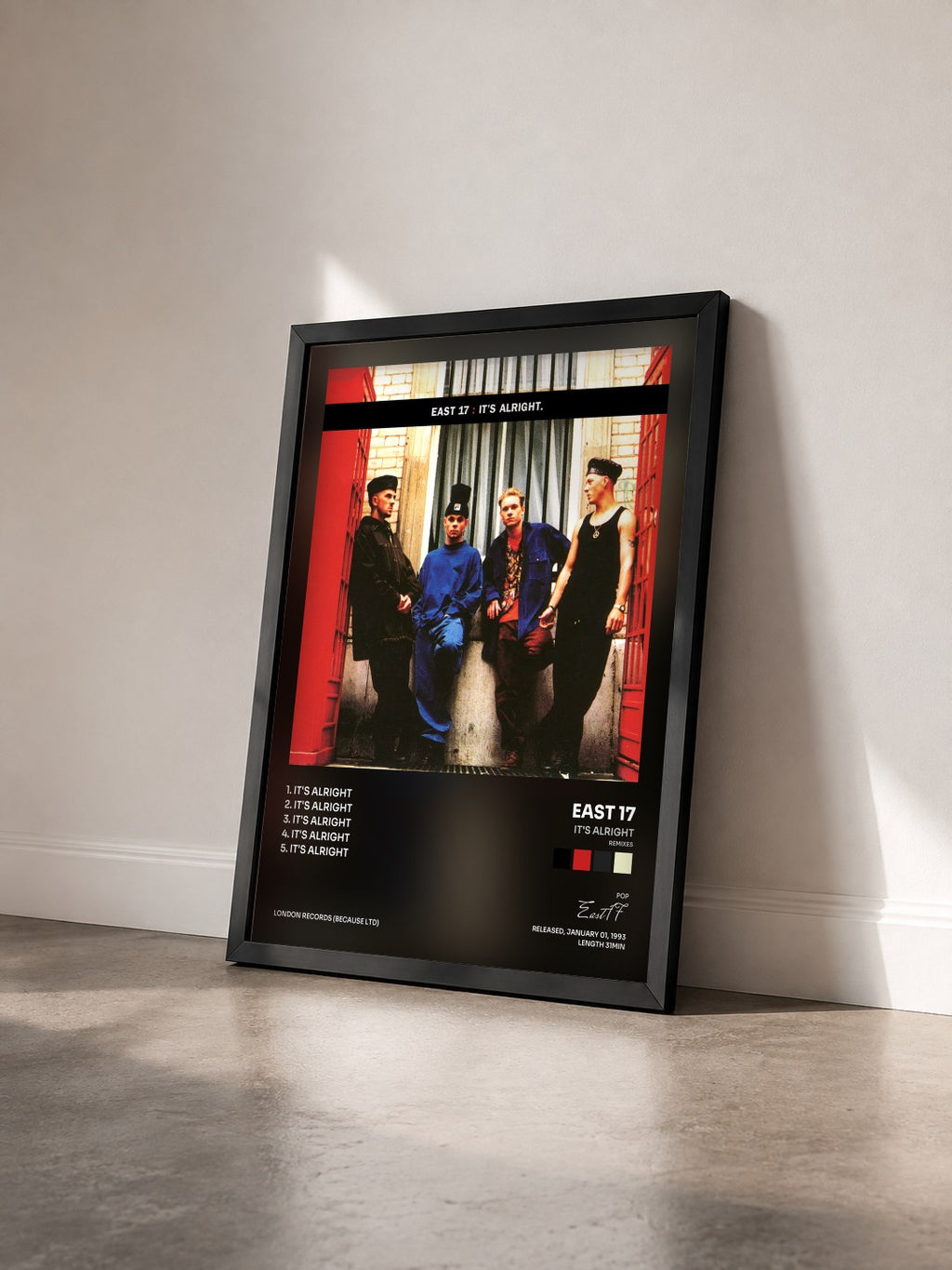 #noir Tableau de l'album It's Alright (Remixes) de East 17 vu de trois quarts, cadre noir