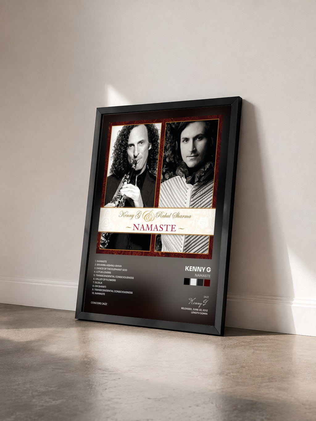 #noir Tableau de l'album Namaste de Kenny G vu de trois quarts, cadre noir