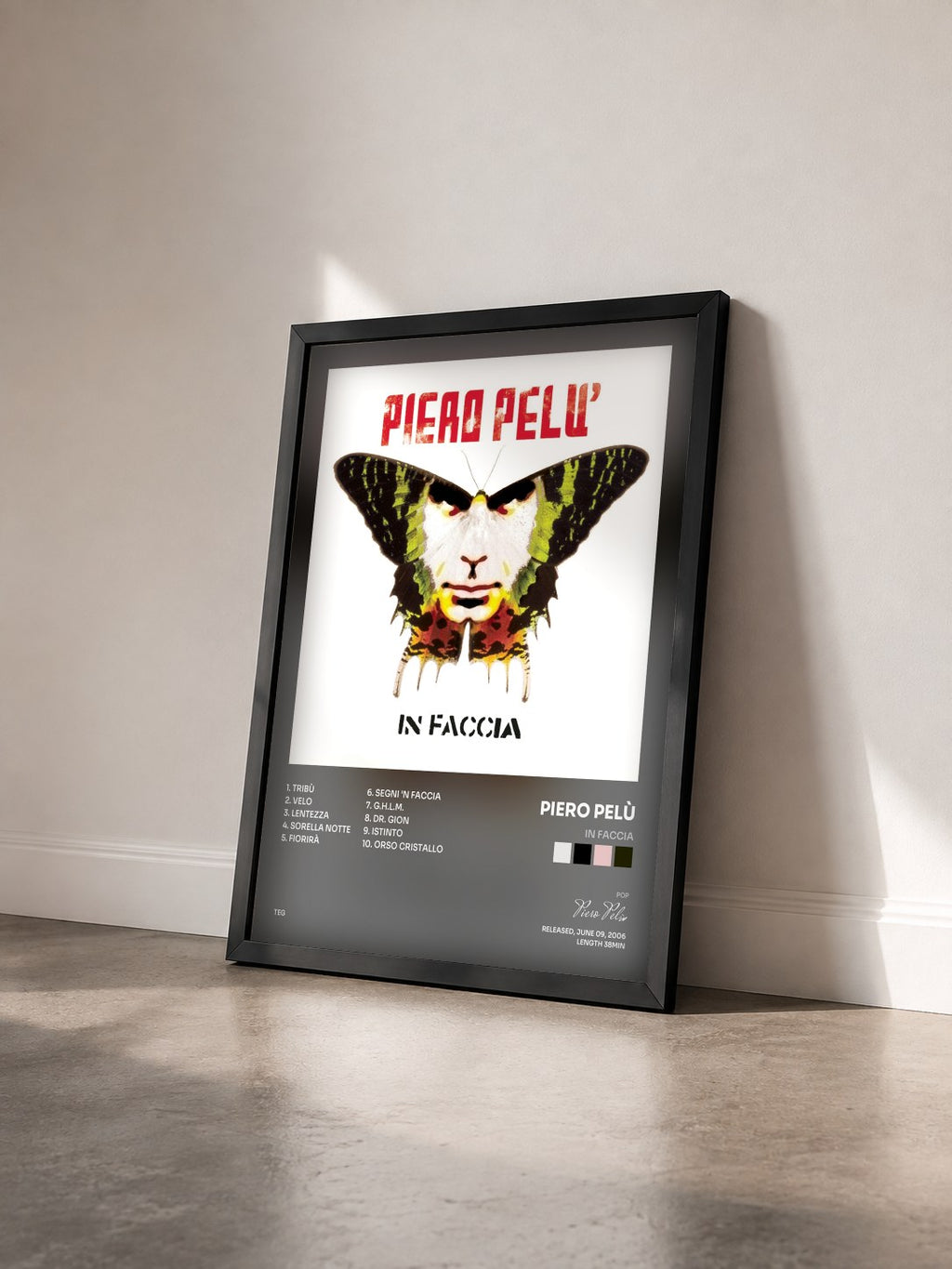 #noir Tableau de l'album In Faccia de Piero Pelù vu de trois quarts, cadre noir