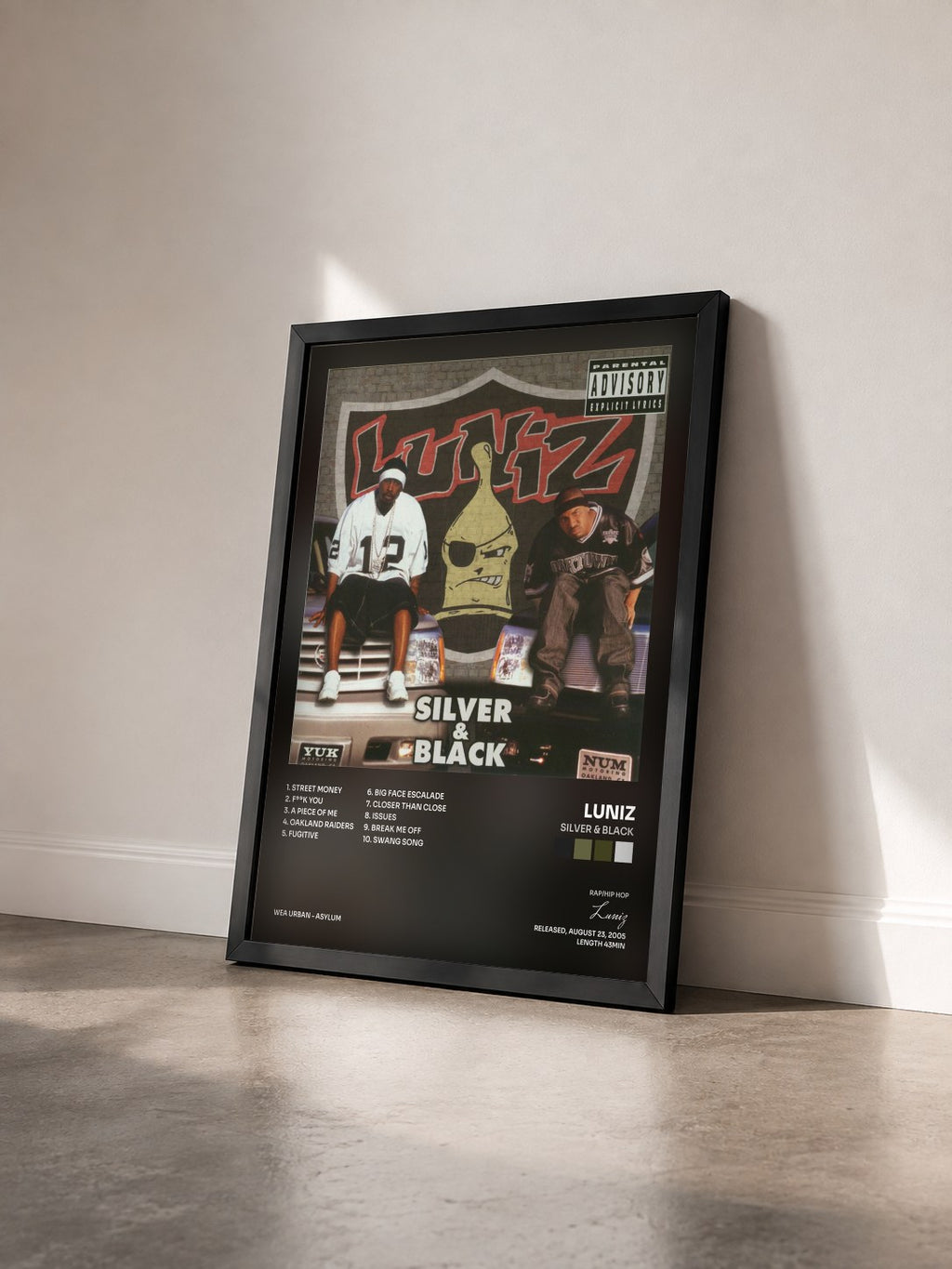 #noir Tableau de l'album Silver & Black de Luniz vu de trois quarts, cadre noir