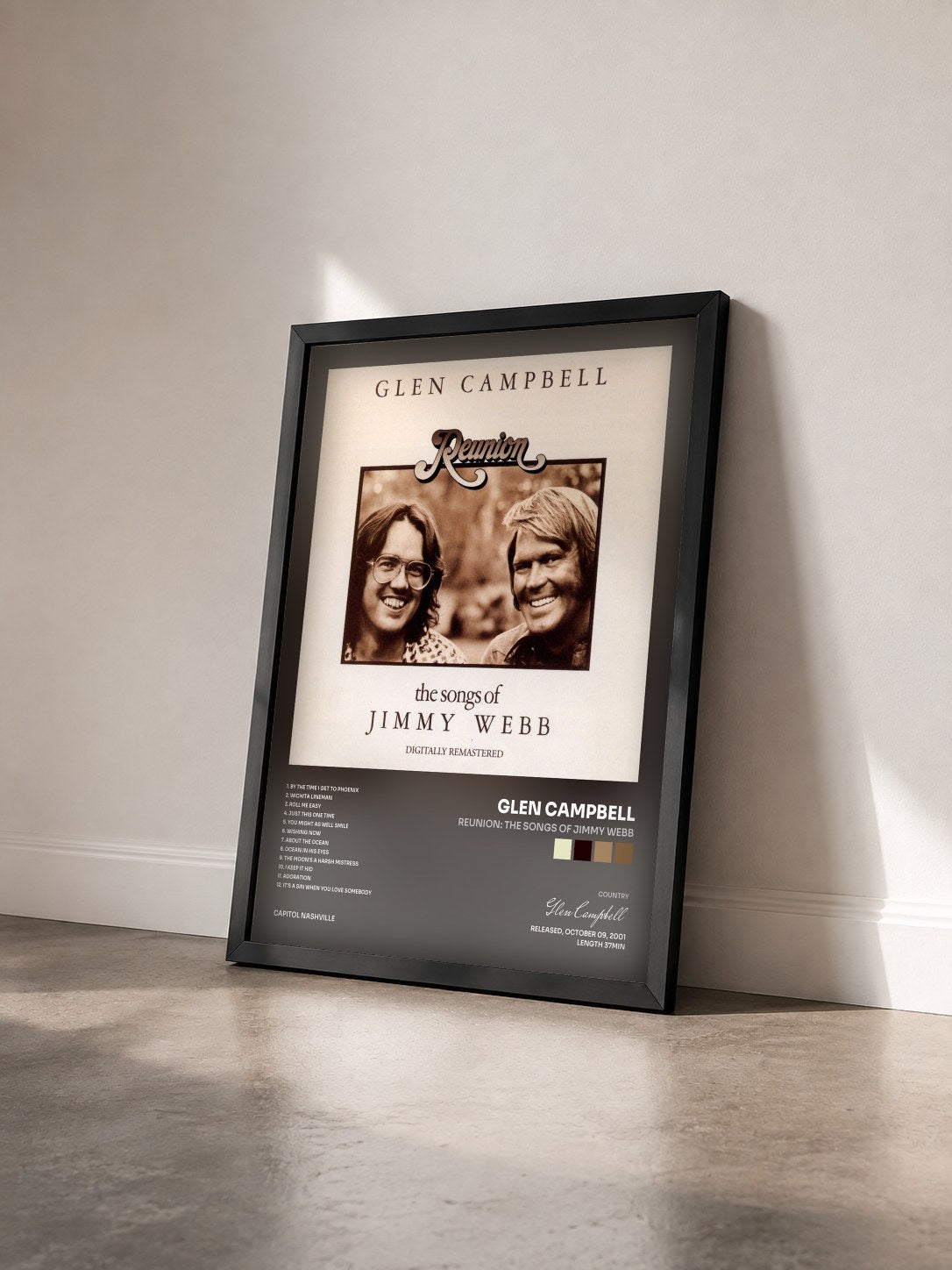 #noir Tableau de l'album Reunion: The Songs Of Jimmy Webb de Glen Campbell vu de trois quarts, cadre noir