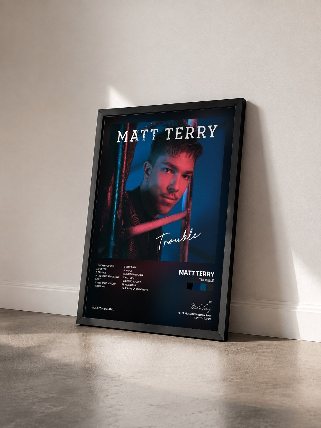#noir Tableau de l'album Trouble de Matt Terry vu de trois quarts, cadre noir