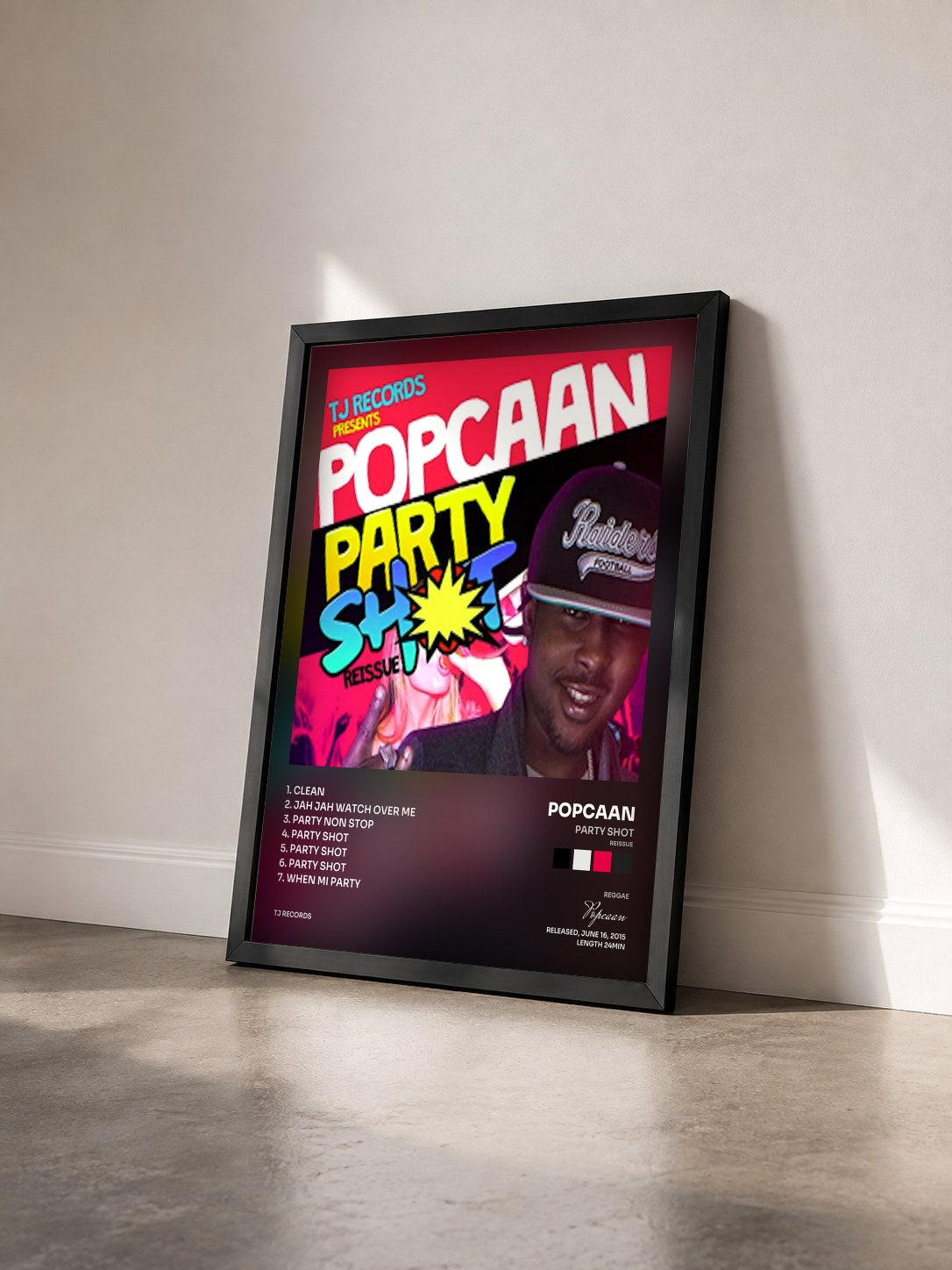 #noir Tableau de l'album Party Shot (Reissue) de Popcaan vu de trois quarts, cadre noir