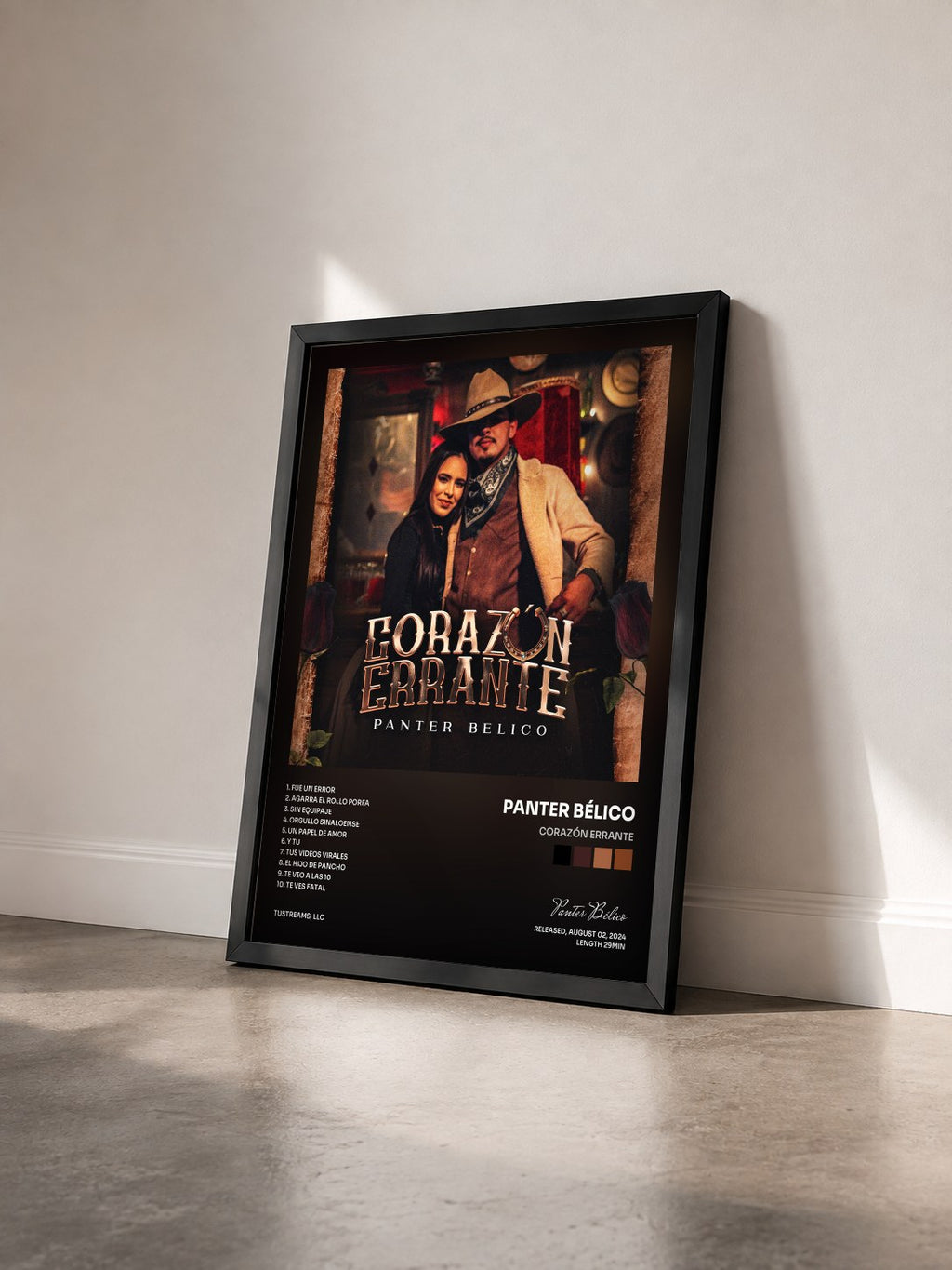 #noir Tableau de l'album CORAZÓN ERRANTE de Panter Bélico vu de trois quarts, cadre noir