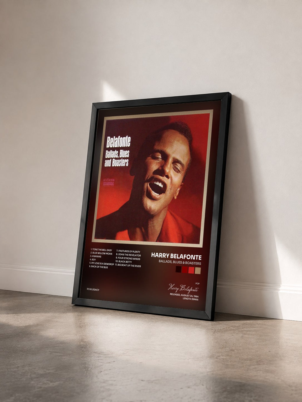#noir Tableau de l'album Ballads, Blues & Boasters de Harry Belafonte vu de trois quarts, cadre noir