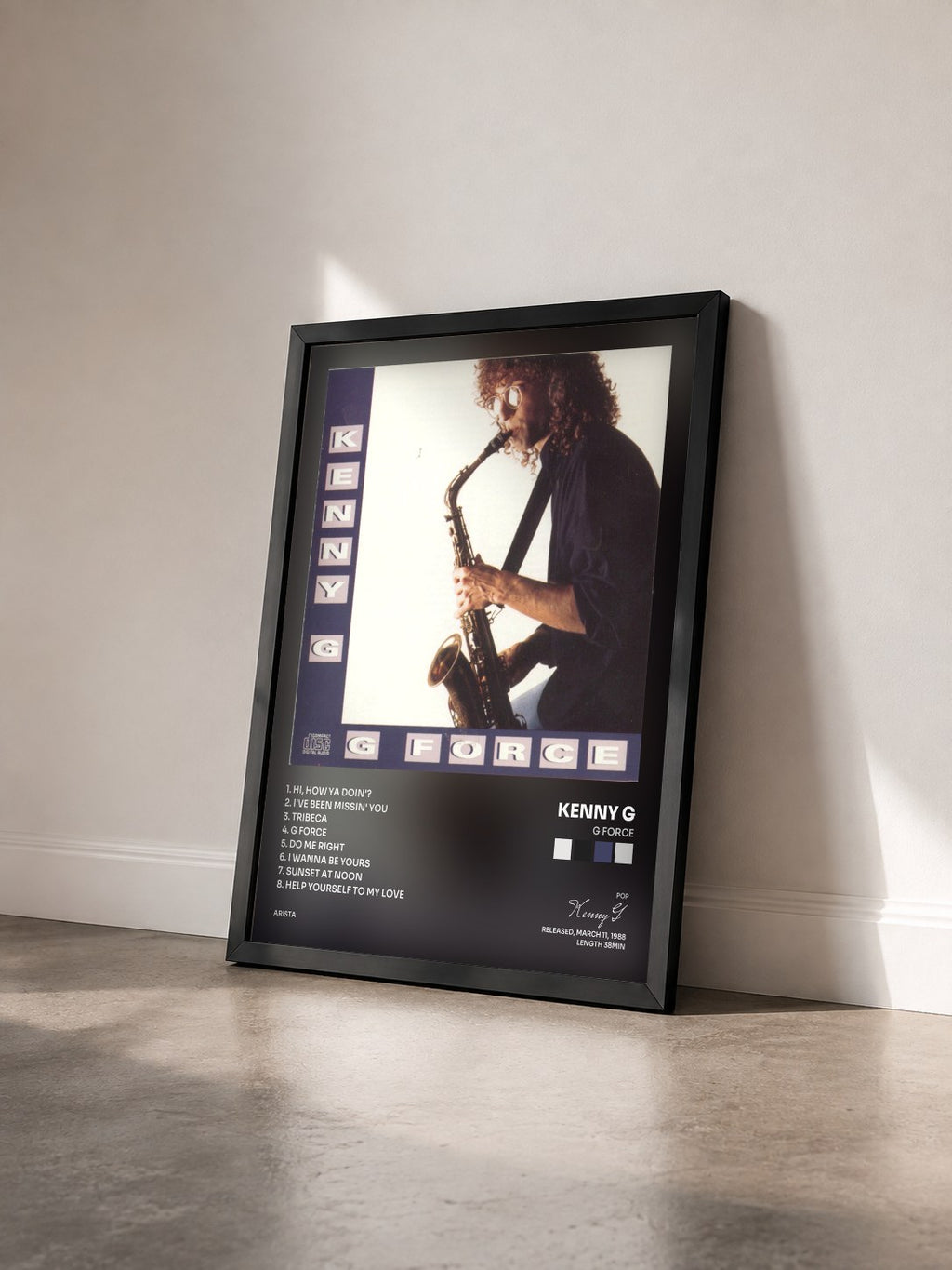#noir Tableau de l'album G Force de Kenny G vu de trois quarts, cadre noir