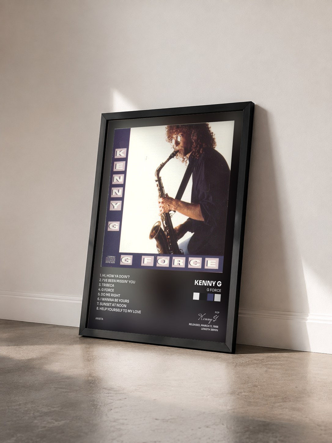 #noir Tableau de l'album G Force de Kenny G vu de trois quarts, cadre noir
