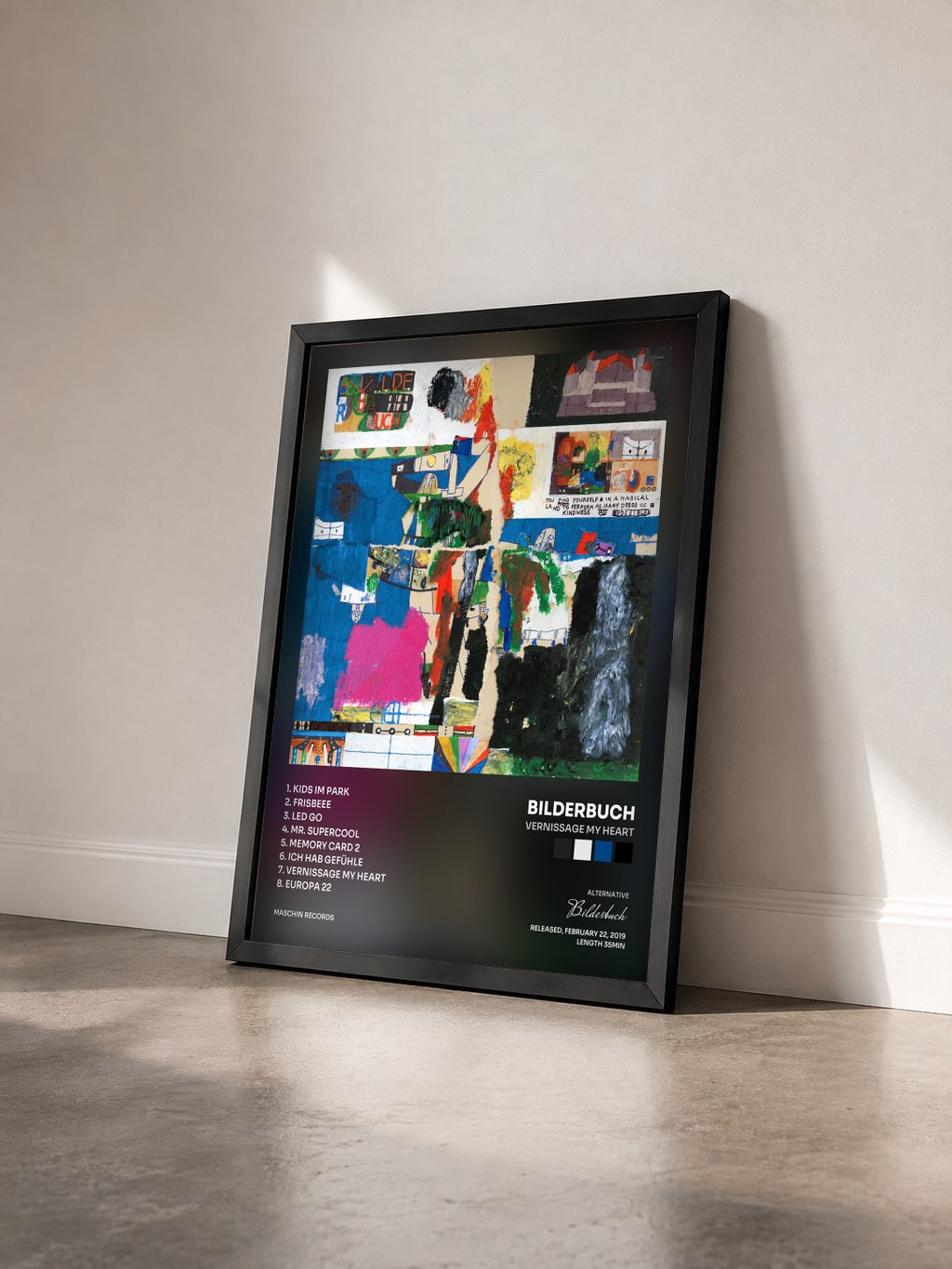 #noir Tableau de l'album Vernissage My Heart de Bilderbuch vu de trois quarts, cadre noir