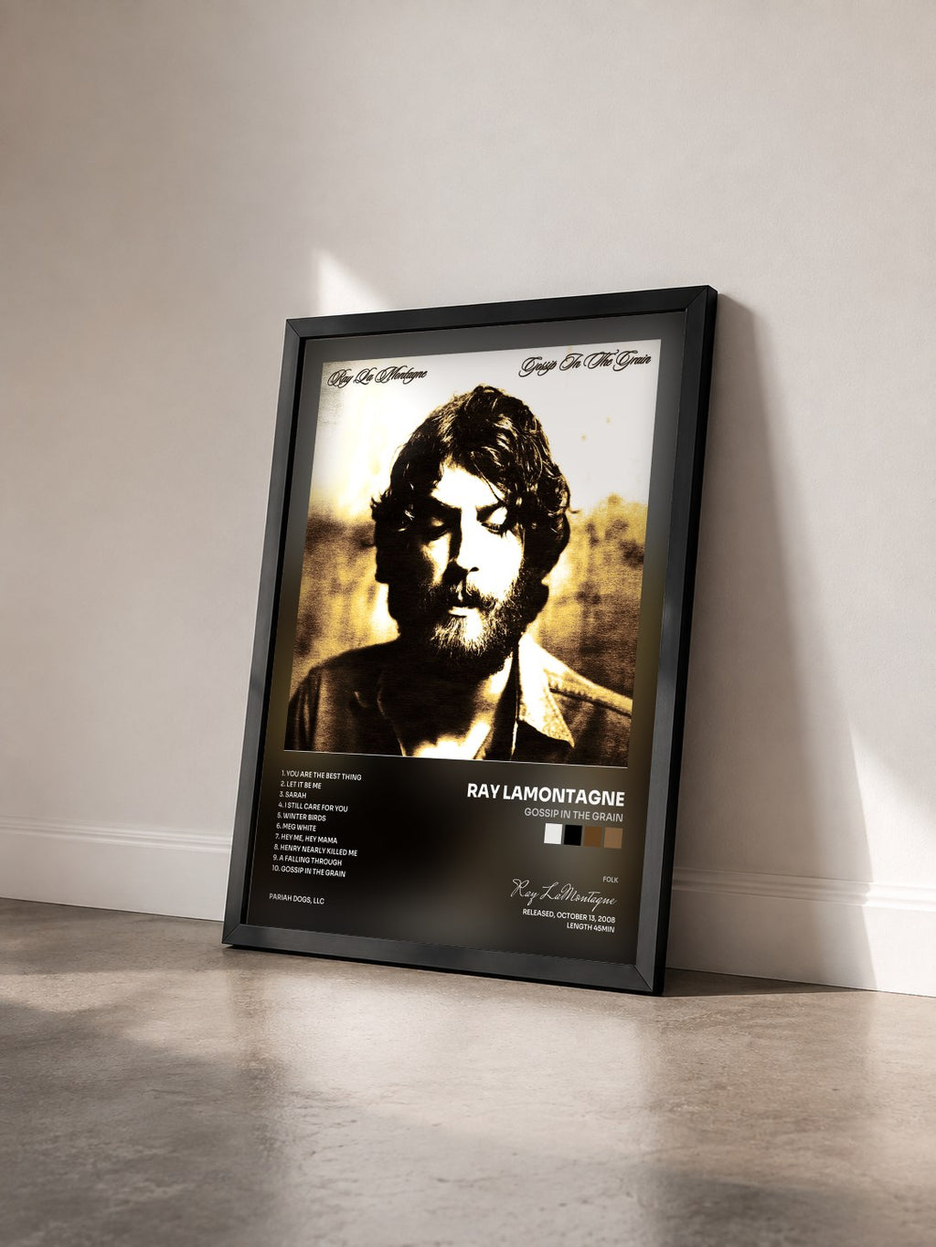 #noir Tableau de l'album Gossip in the Grain de Ray LaMontagne vu de trois quarts, cadre noir
