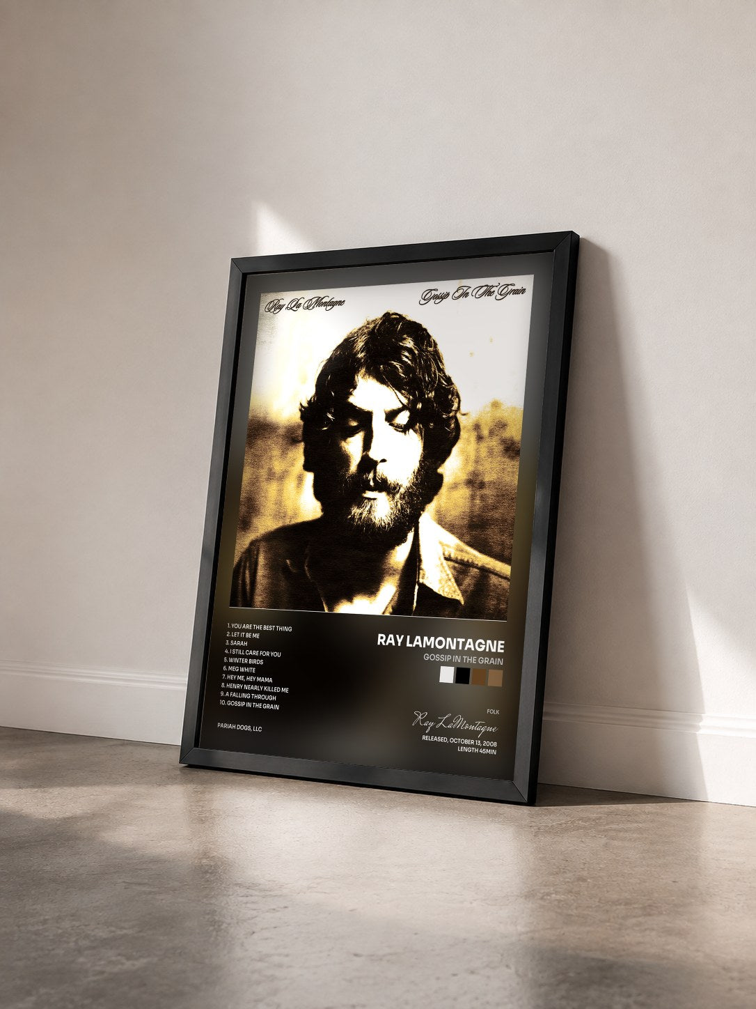 #noir Tableau de l'album Gossip in the Grain de Ray LaMontagne vu de trois quarts, cadre noir
