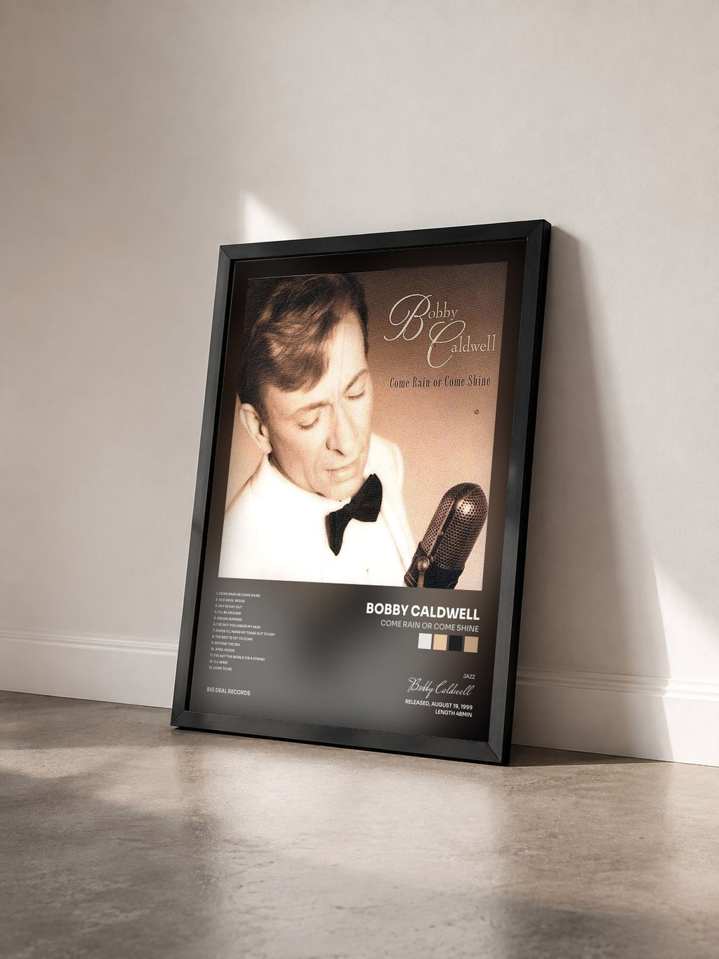 #noir Tableau de l'album Come Rain or Come Shine de Bobby Caldwell vu de trois quarts, cadre noir