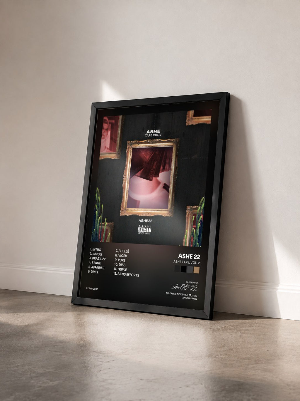 #noir Tableau de l'album Ashe Tape, Vol. 2 de ASHE 22 vu de trois quarts, cadre noir
