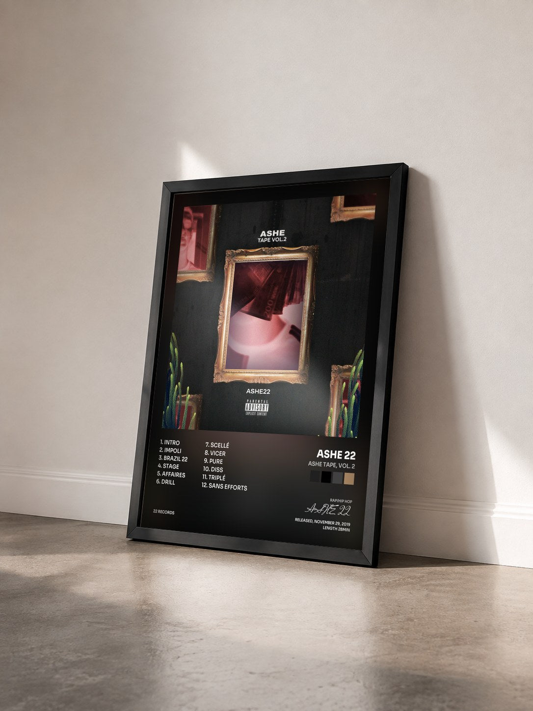 #noir Tableau de l'album Ashe Tape, Vol. 2 de ASHE 22 vu de trois quarts, cadre noir