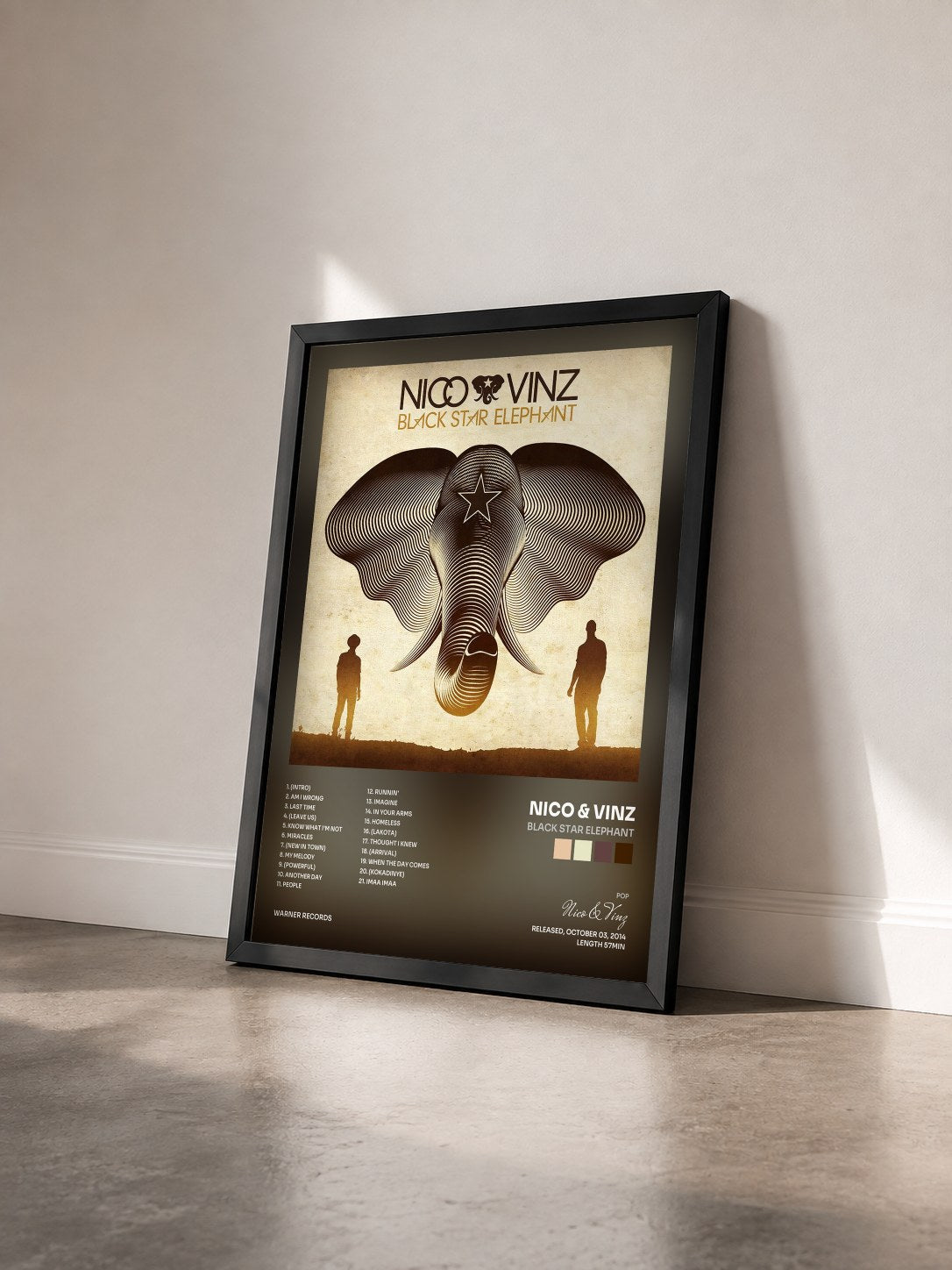 #noir Tableau de l'album Black Star Elephant de Nico & Vinz vu de trois quarts, cadre noir