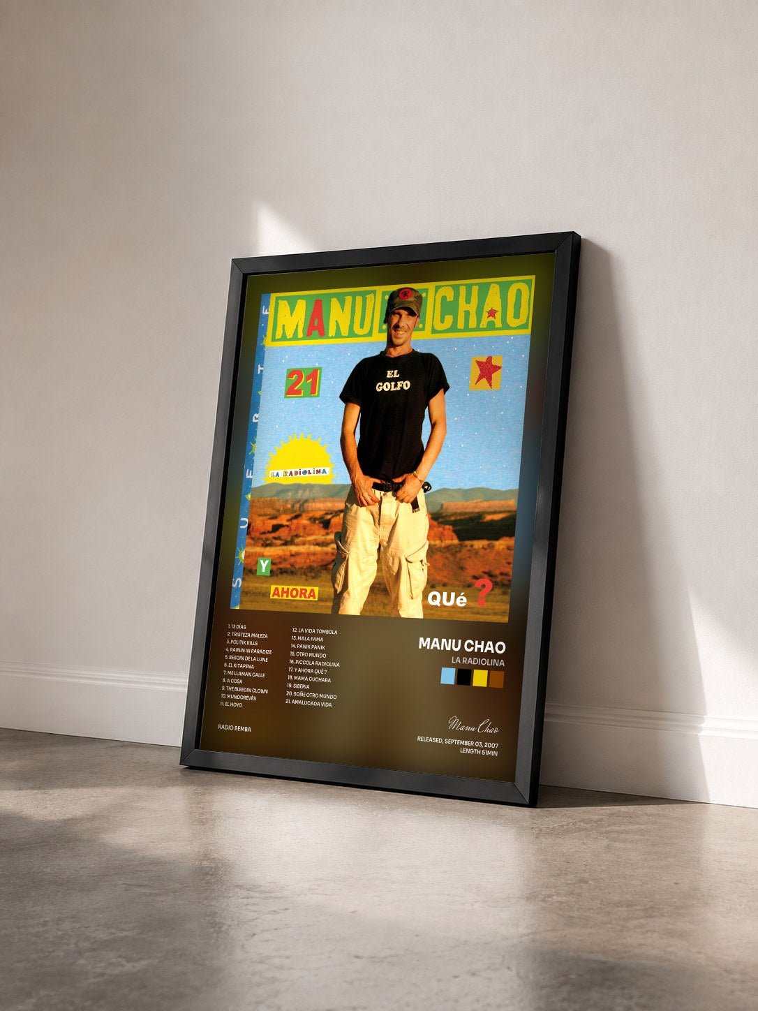 #noir Tableau de l'album La Radiolina de Manu Chao vu de trois quarts, cadre noir