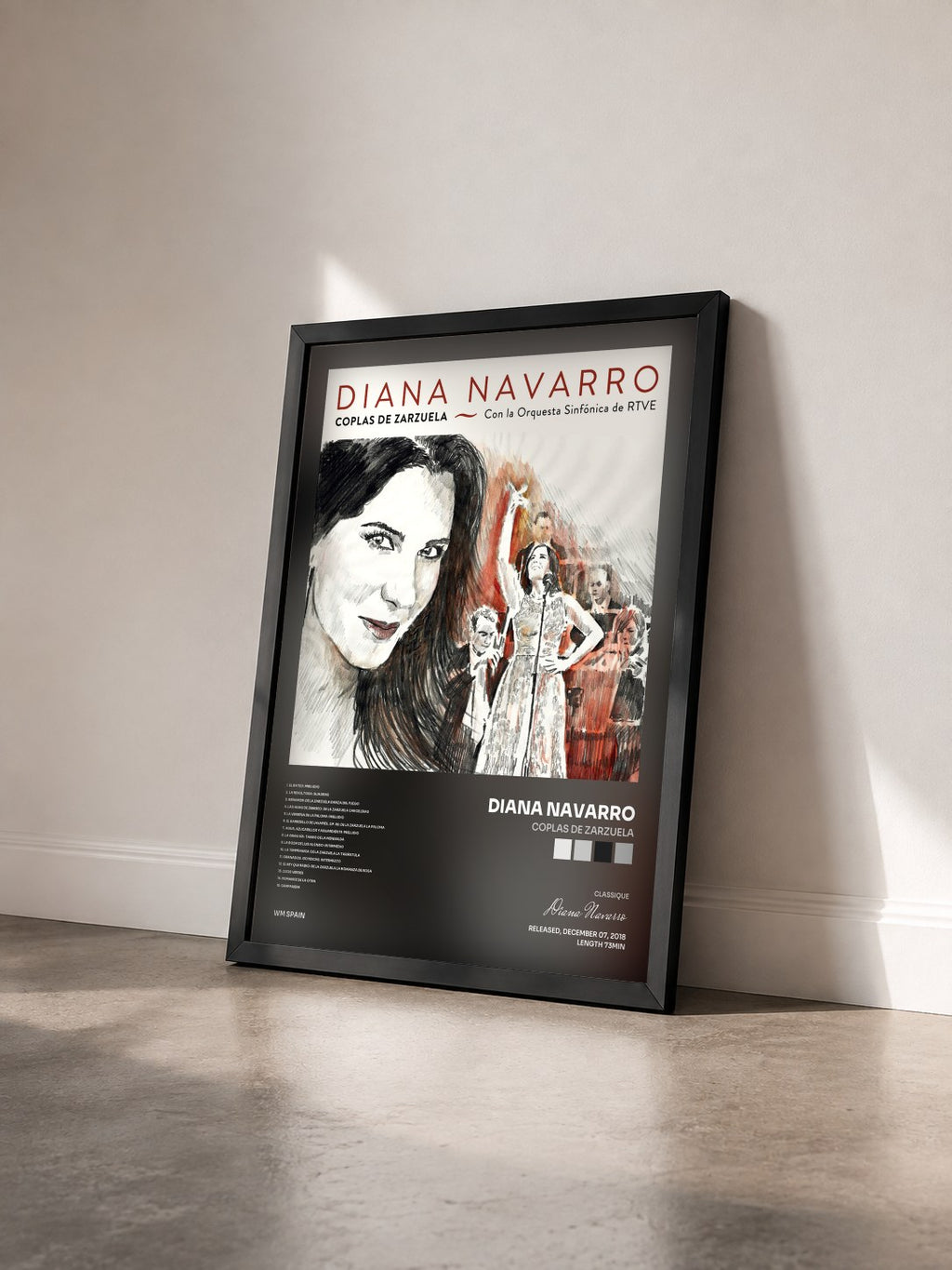 #noir Tableau de l'album Coplas de Zarzuela de Diana Navarro vu de trois quarts, cadre noir