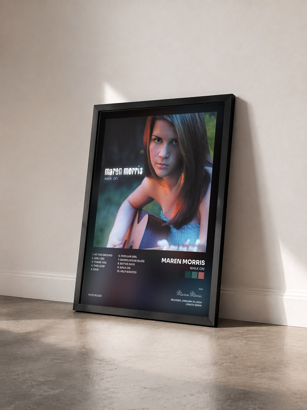 #noir Tableau de l'album Walk On de Maren Morris vu de trois quarts, cadre noir