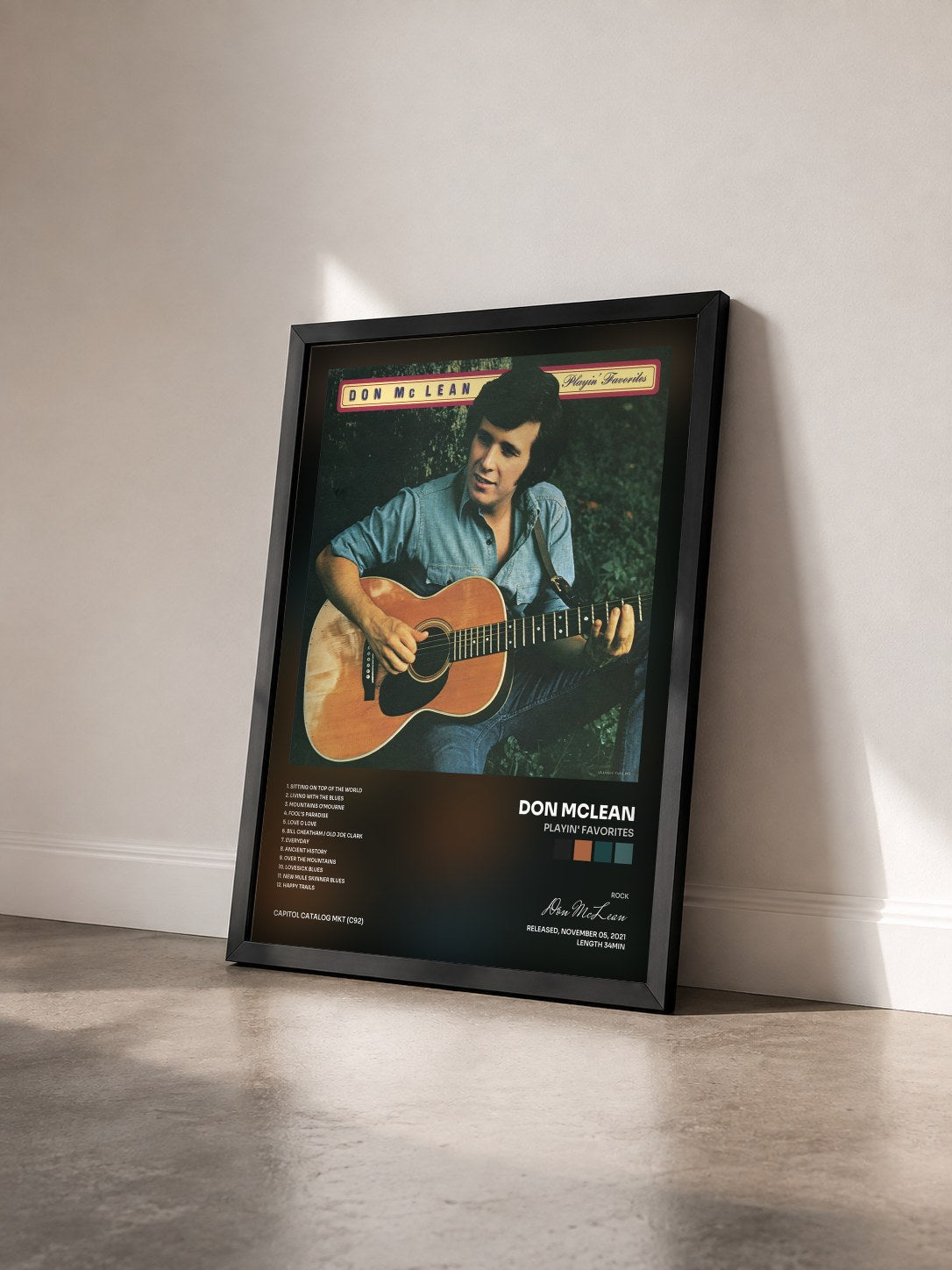 #noir Tableau de l'album Playin' Favorites de Don McLean vu de trois quarts, cadre noir