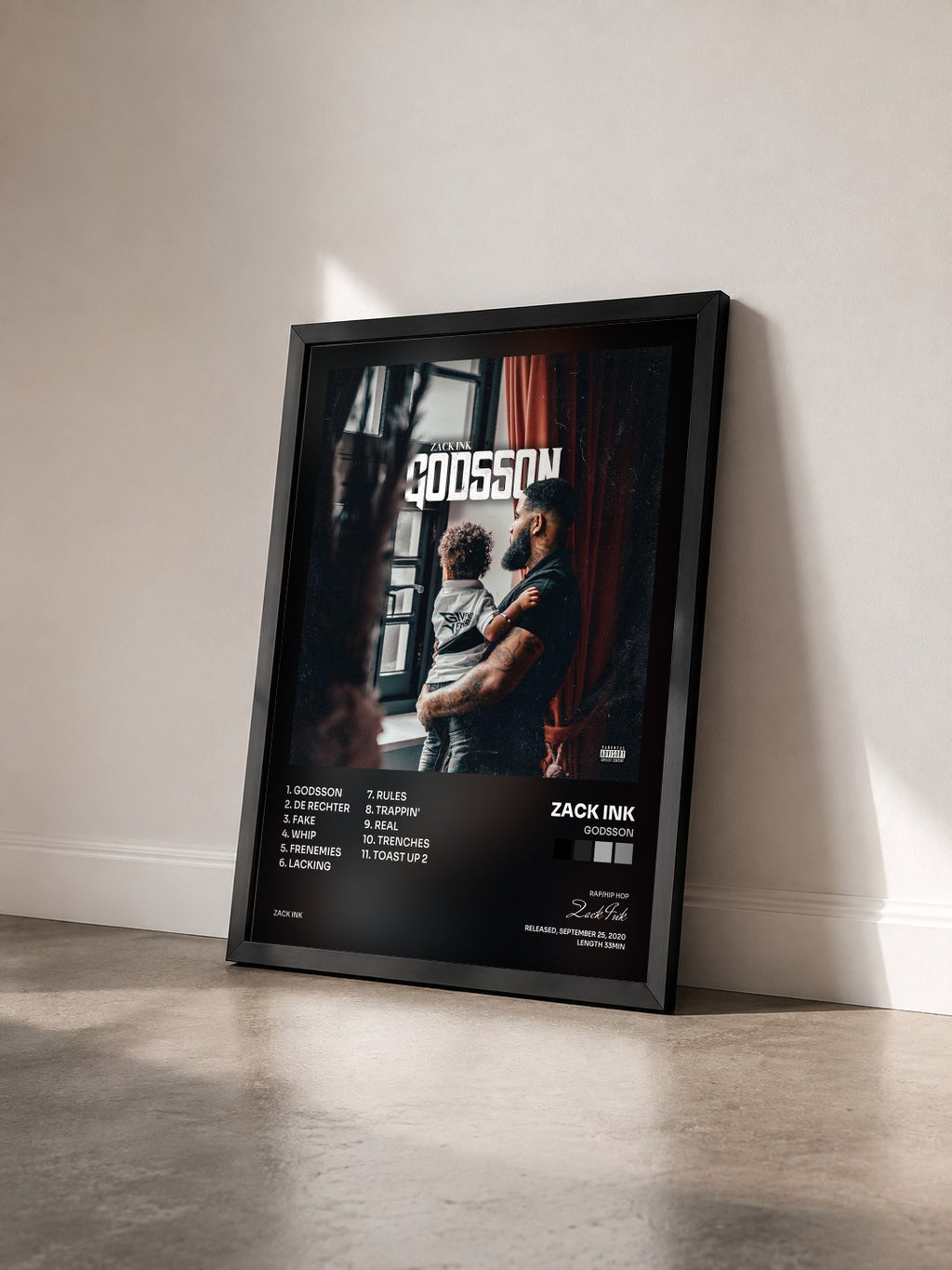 #noir Tableau de l'album Godsson de Zack Ink vu de trois quarts, cadre noir