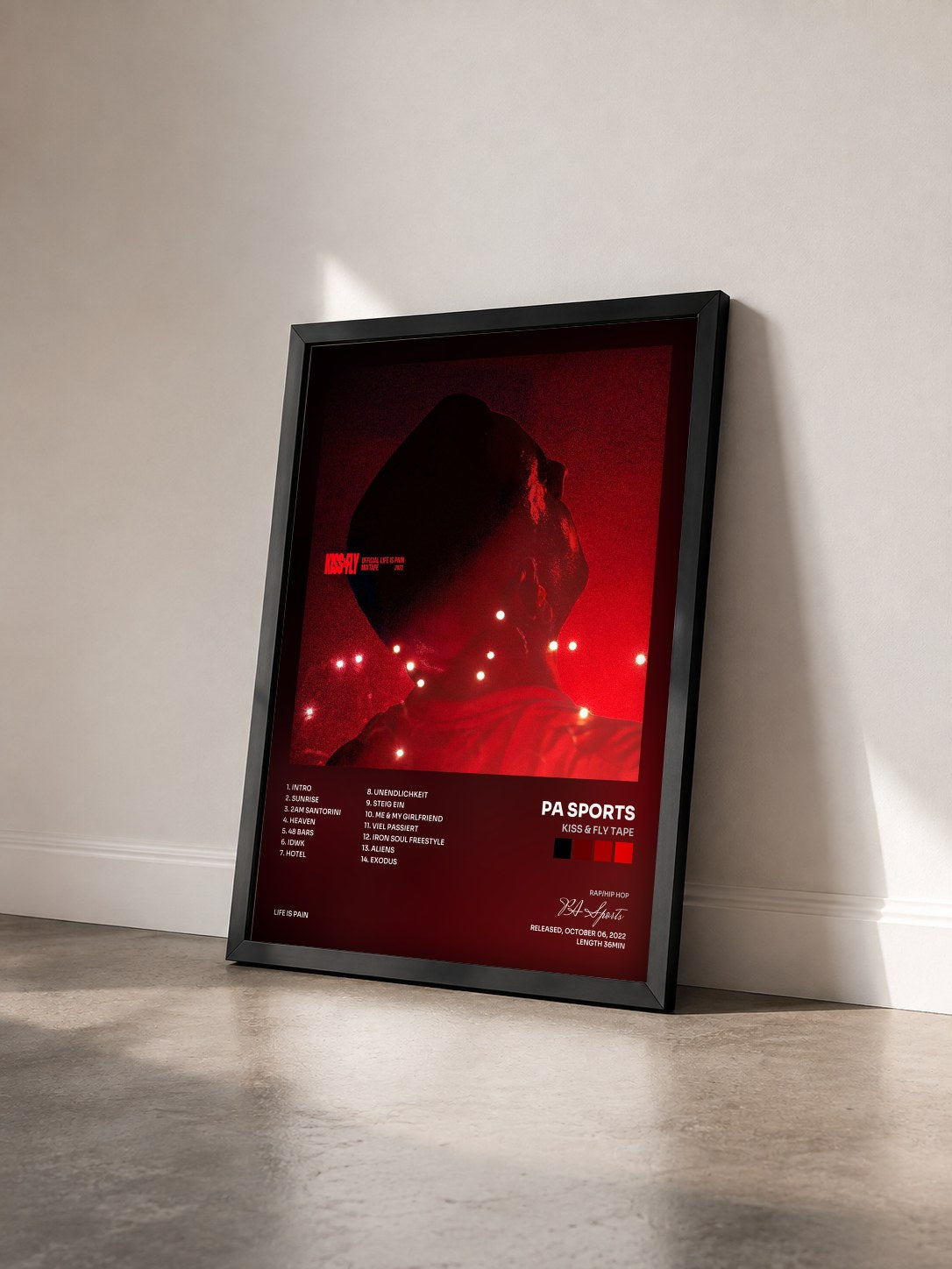 #noir Tableau de l'album KISS & FLY TAPE de PA Sports vu de trois quarts, cadre noir